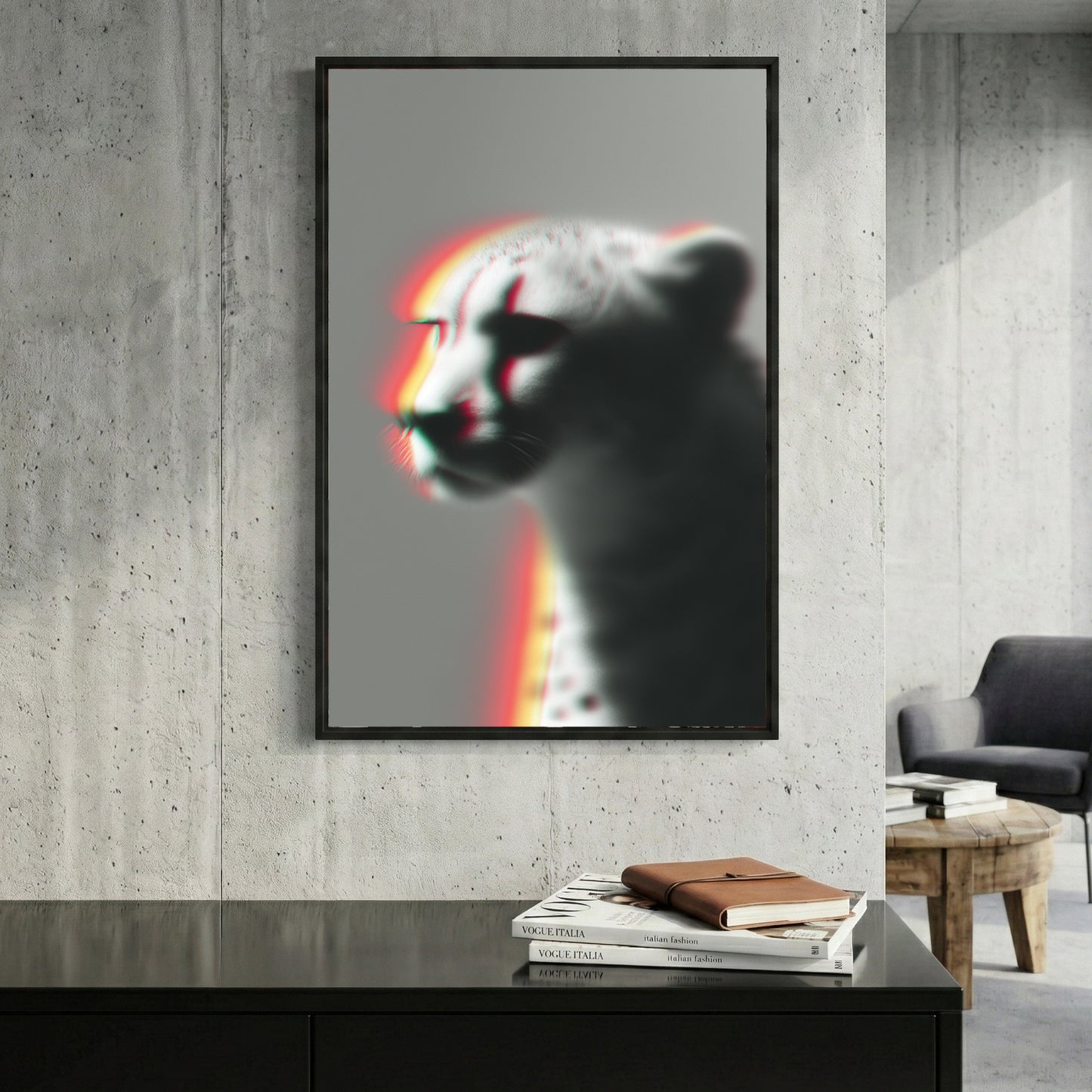 Cheetah Portrait Chromatic framed canvas wall art print in a gallery-style display