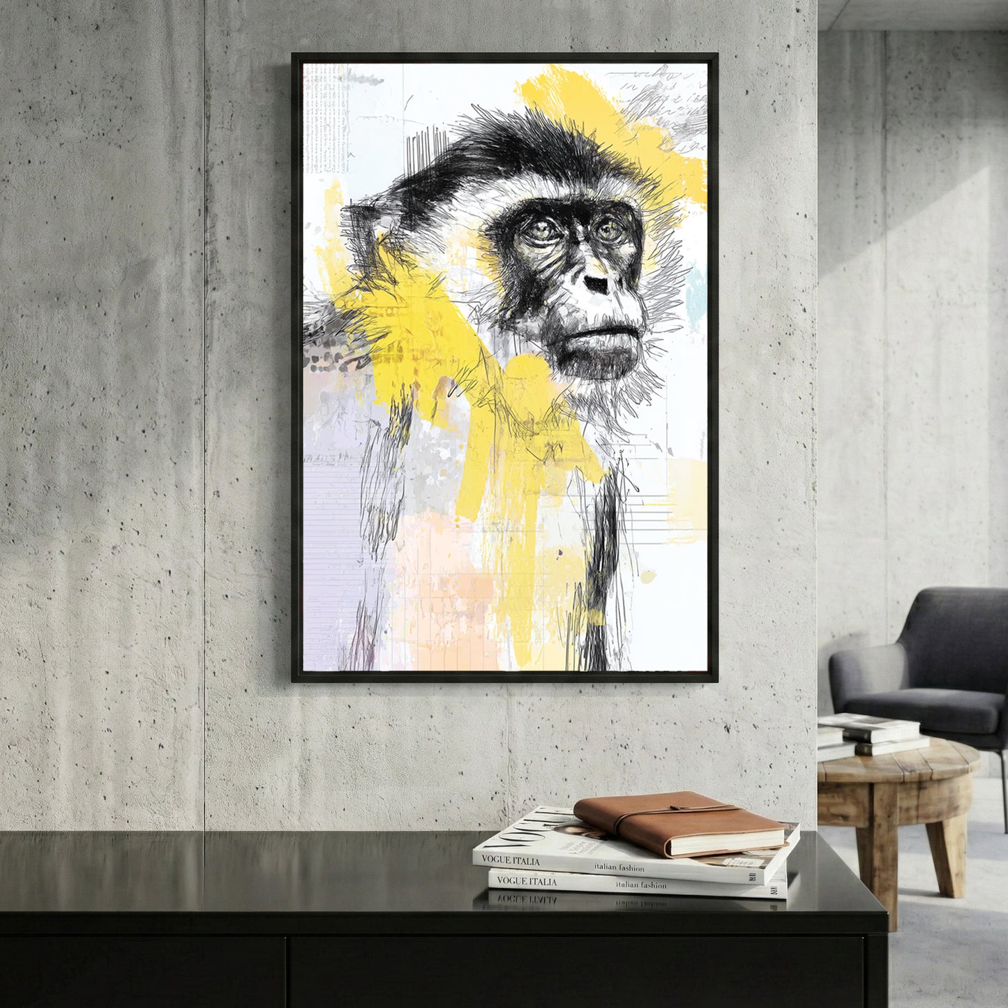 Monkey Portrait Sketch framed canvas wall art print in a gallery-style display