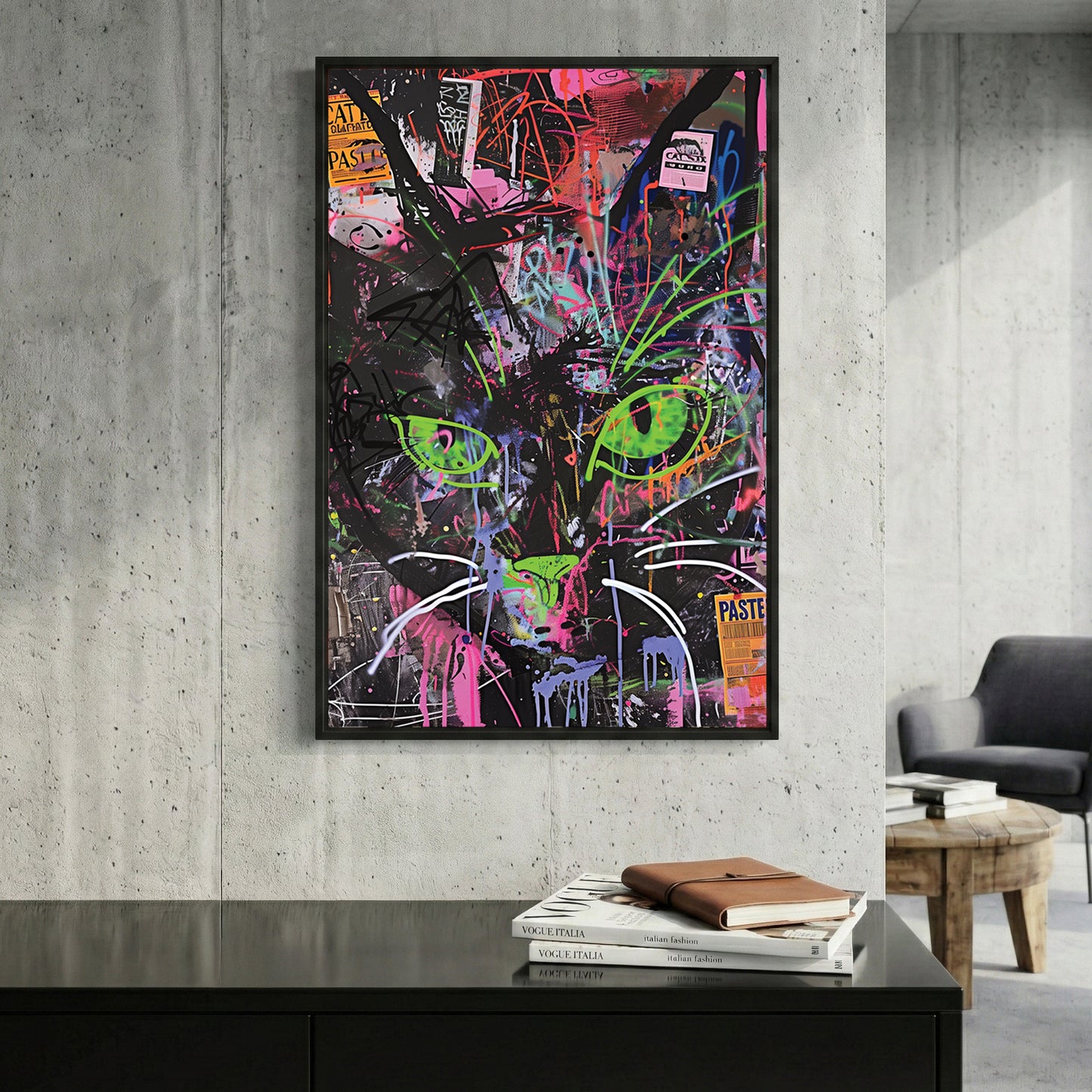 Neon Green Eyed Cat Graffiti framed canvas wall art print in a gallery-style display