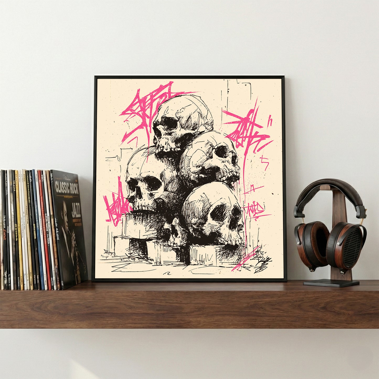 Graffiti Skulls Pile framed canvas wall art print in a gallery-style display