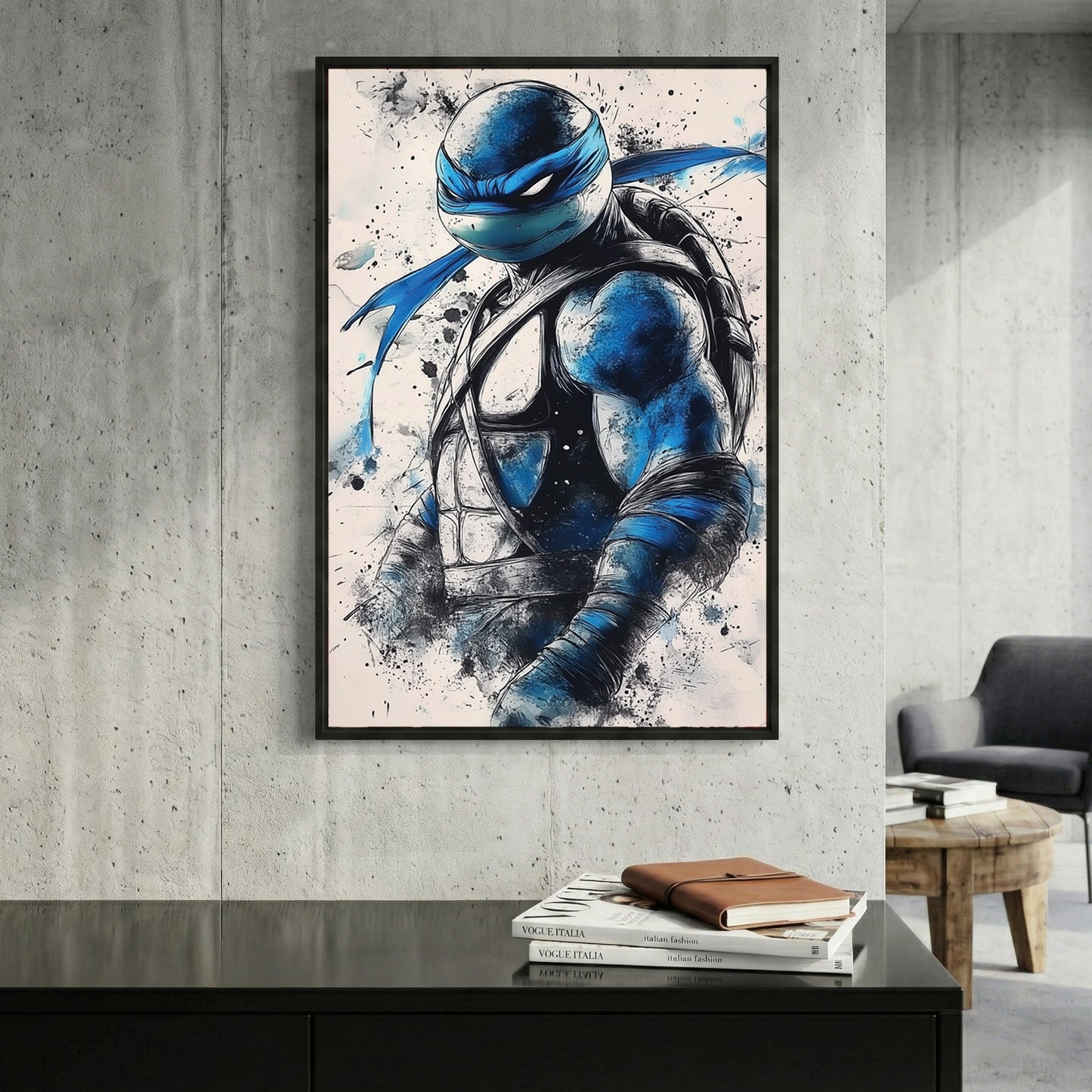 Leonardo Ninja Turtle Blue Mask framed canvas wall art print in a gallery-style display