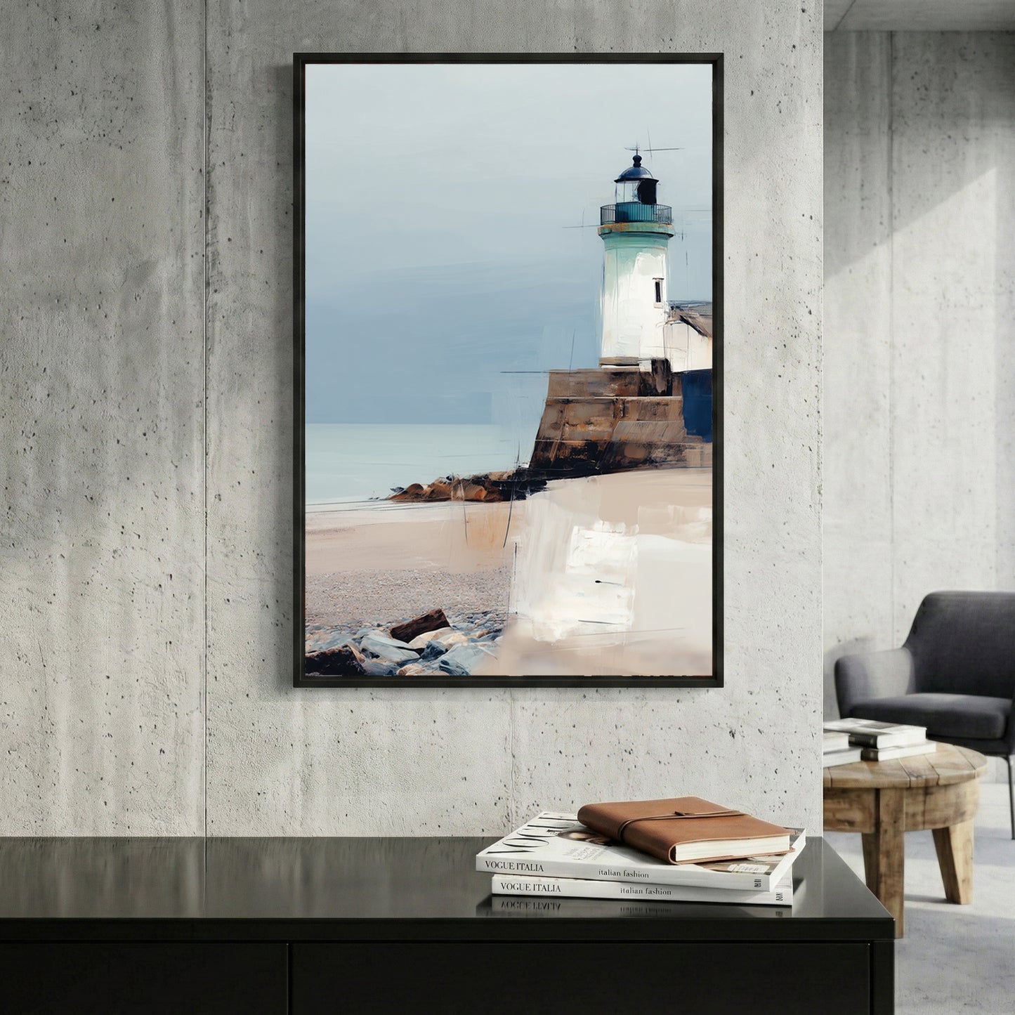 Coastal Lighthouse Beach Painting framed canvas wall art print in a gallery-style display