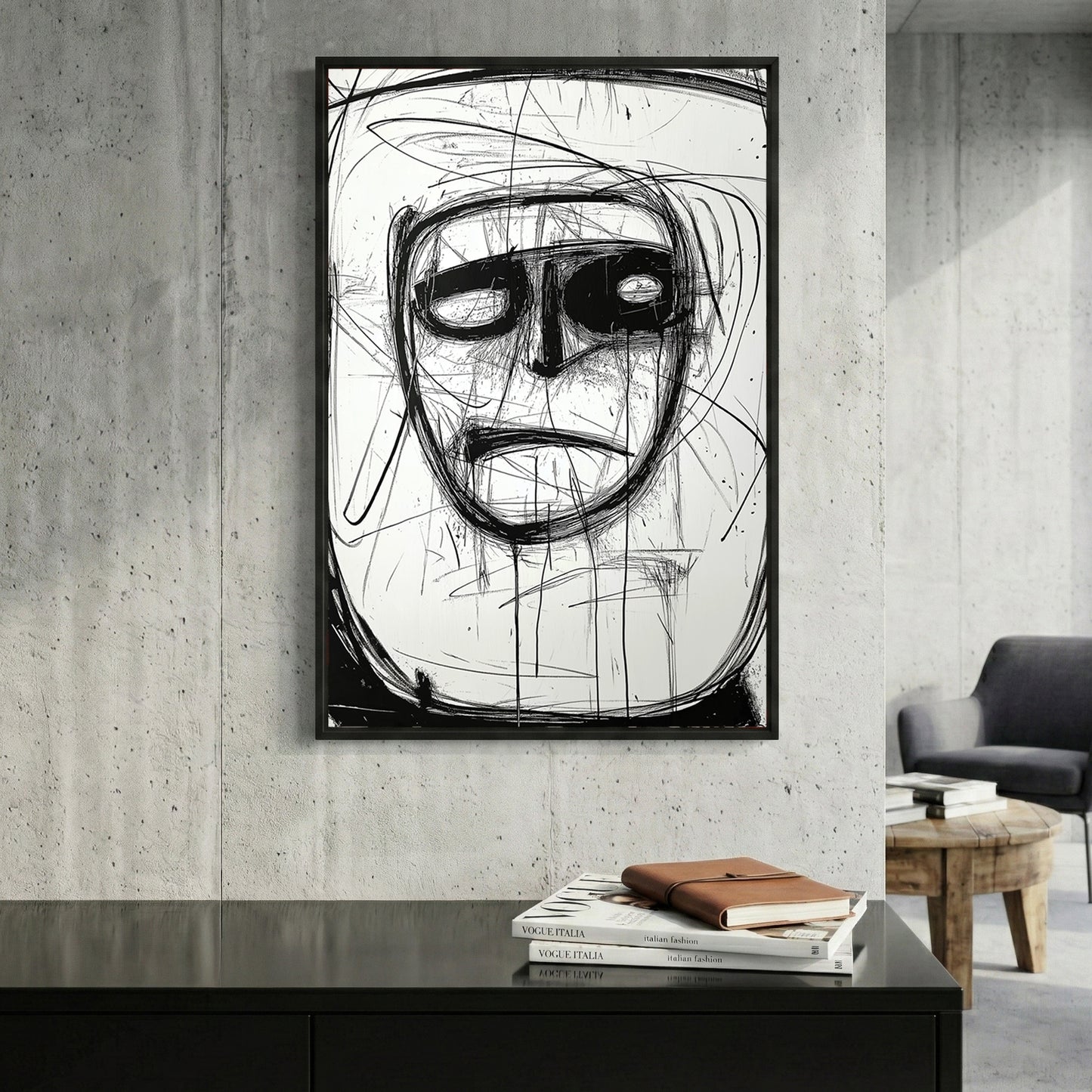 Abstract Ink Face framed canvas wall art print in a gallery-style display