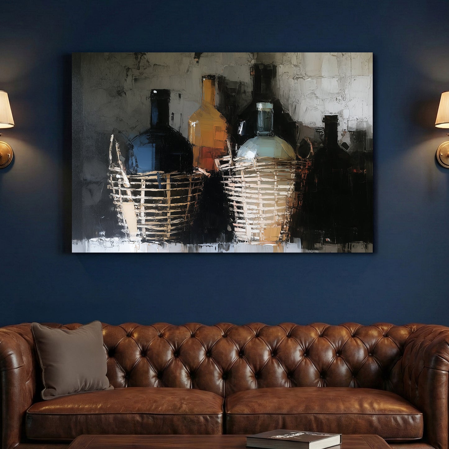 Italian Fiaschi Wine Bottle Oil Painting canvas wall art print above a sofa in a contemporary living room