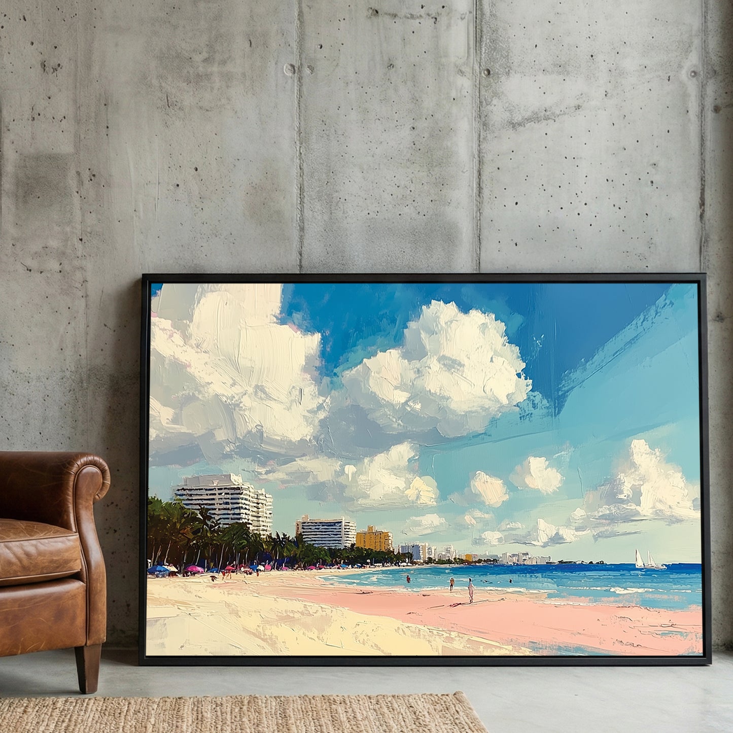 Miami Tropical Beach Palm Trees Coastal Painting framed canvas wall art print in a gallery-style display