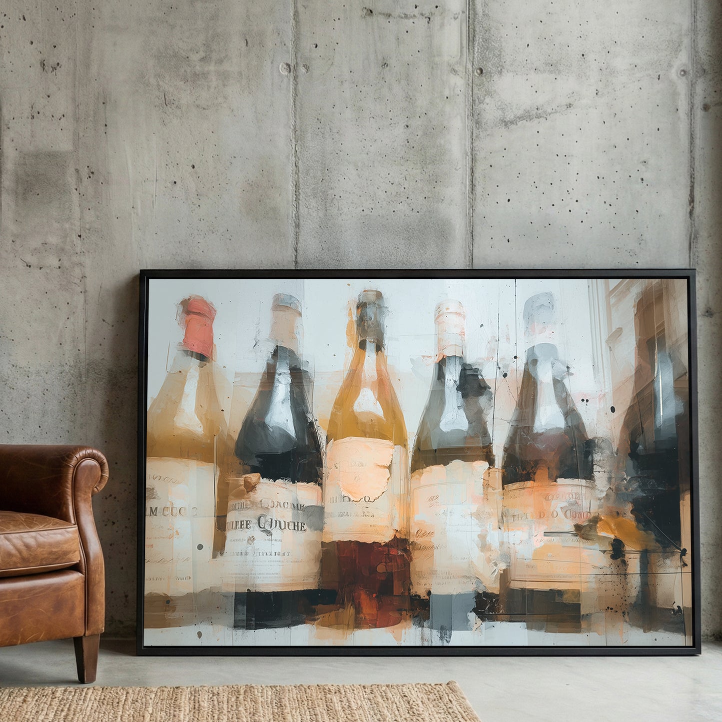 Vintage Wine Bottles Abstract Painting framed canvas wall art print in a gallery-style display