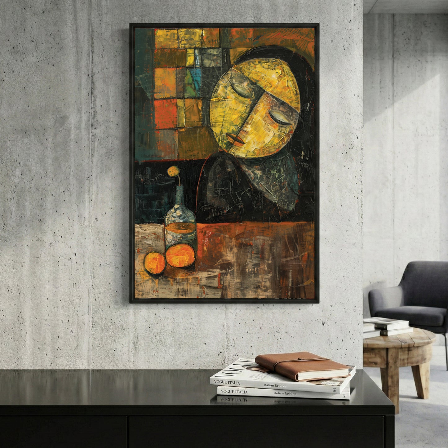 Sleeping Woman Oranges Cubist Painting framed canvas wall art print in a gallery-style display