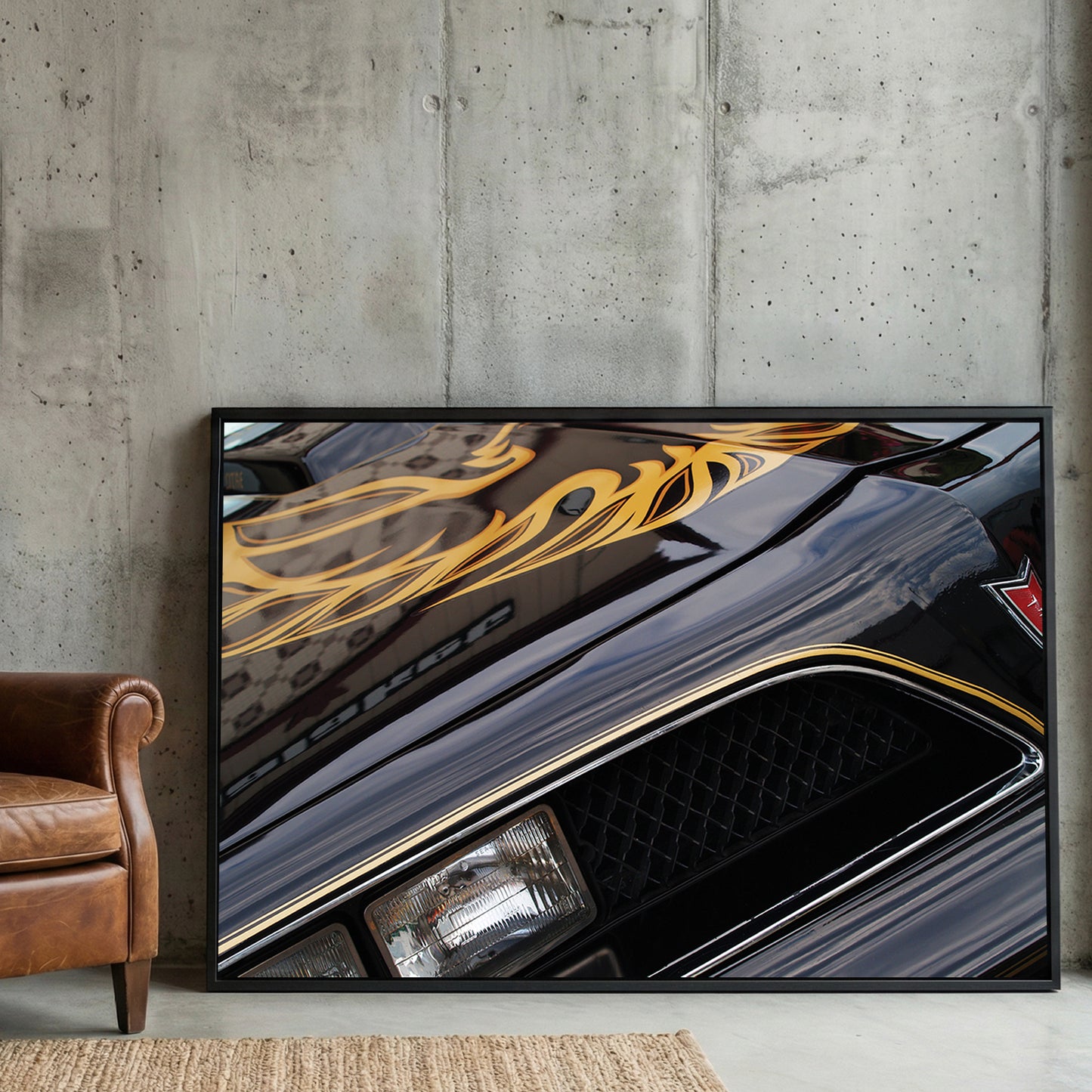 Black and Gold Trans-Am Firebird framed canvas wall art print in a gallery-style display