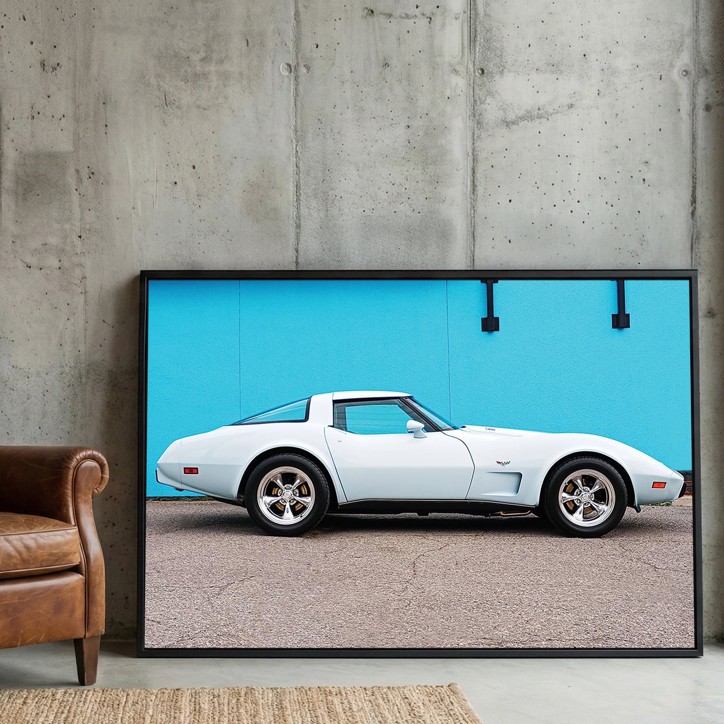 White Corvette Stingray framed canvas wall art print in a gallery-style display