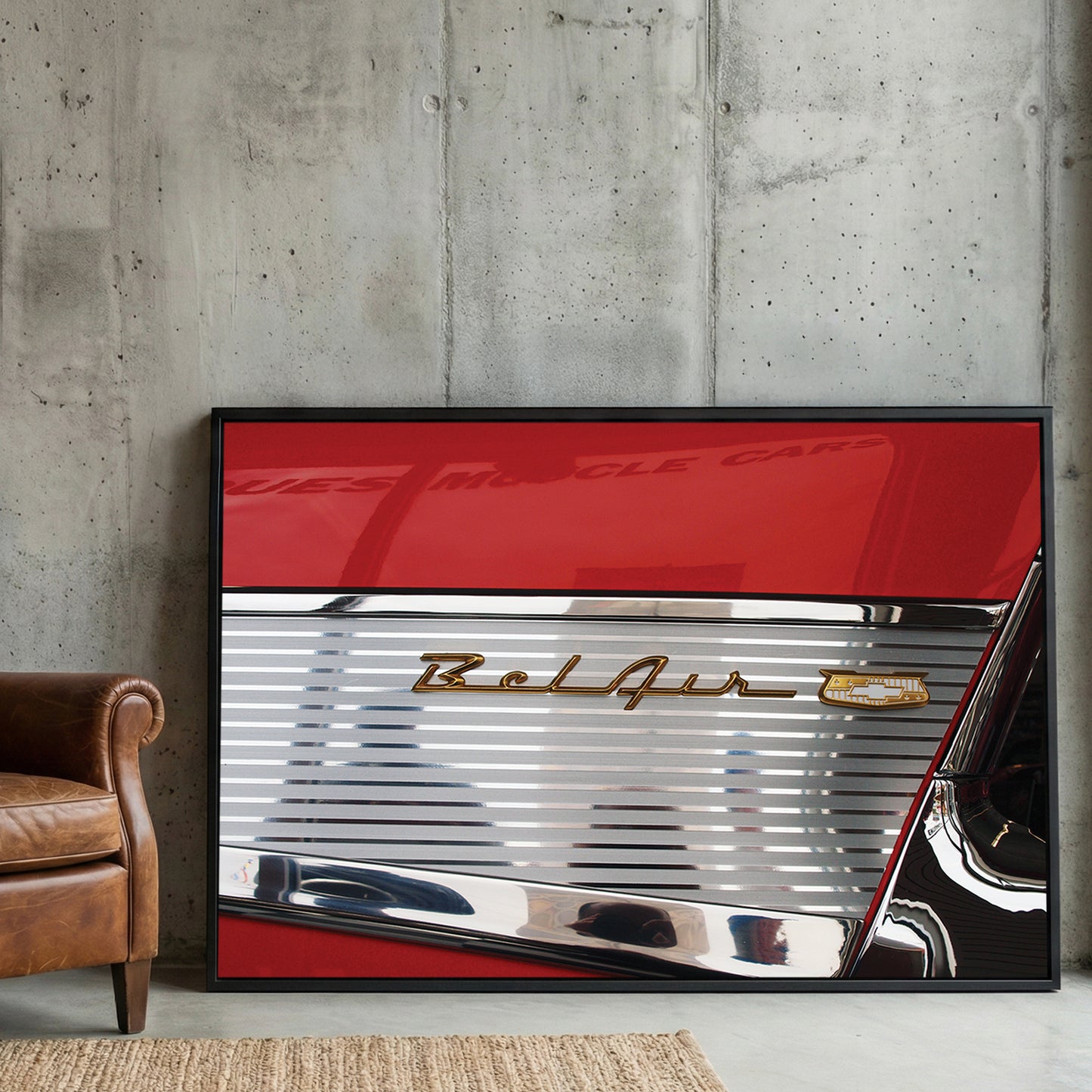 Chevy Bel Air Emblem framed canvas wall art print in a gallery-style display