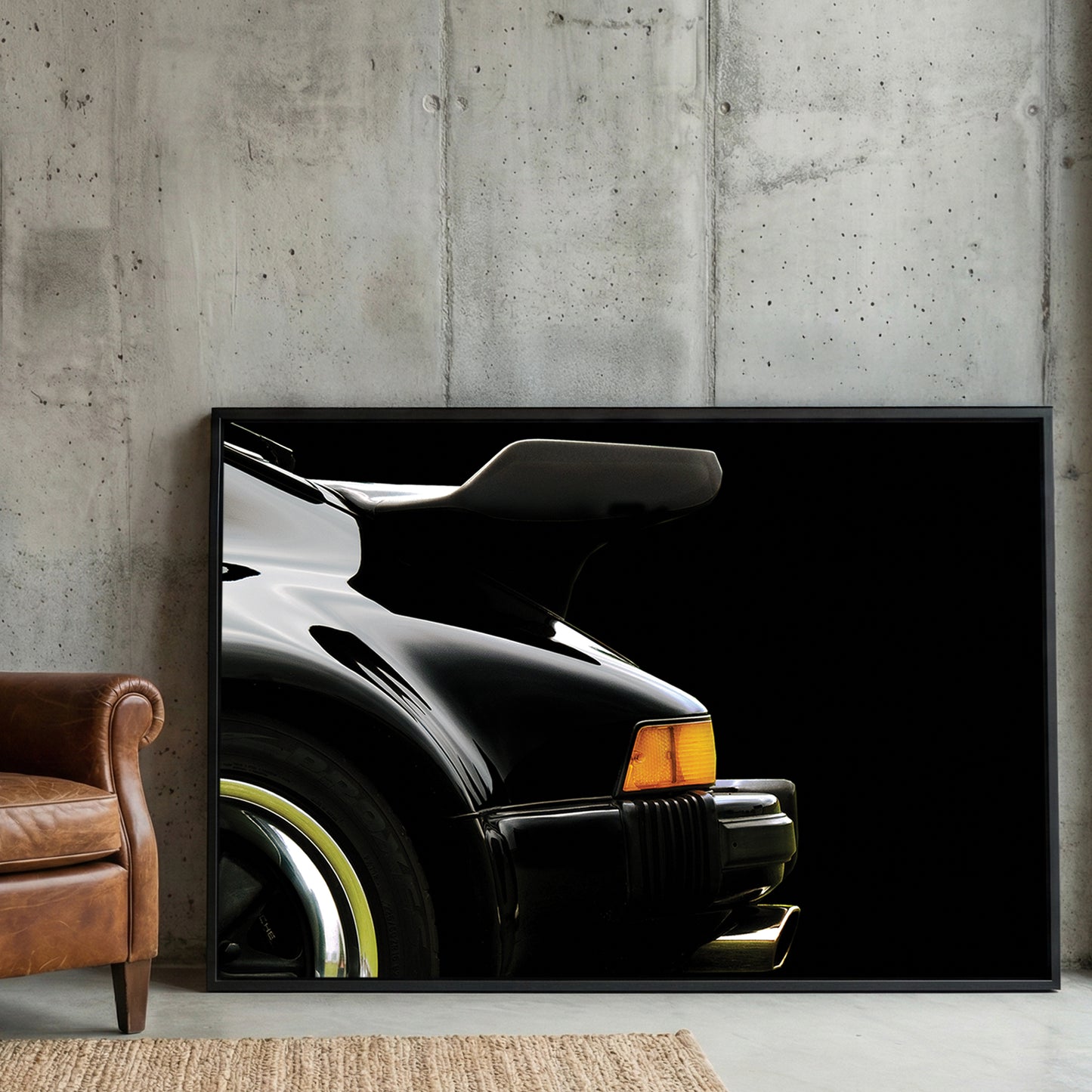 Black Porsche 911 Turbo Wing framed canvas wall art print in a gallery-style display