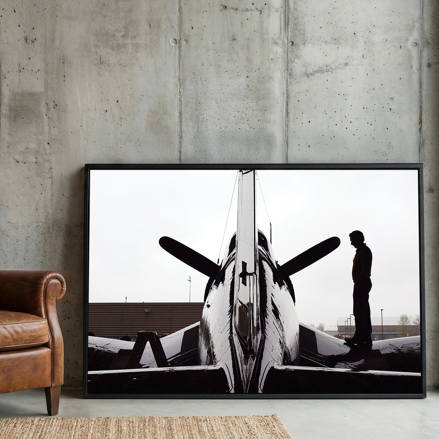 Corsair Warplane Hangar framed canvas wall art print in a gallery-style display