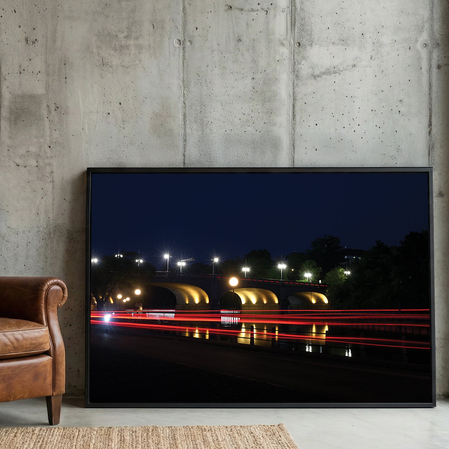 Ottawa Bridge Light Trails framed canvas wall art print in a gallery-style display