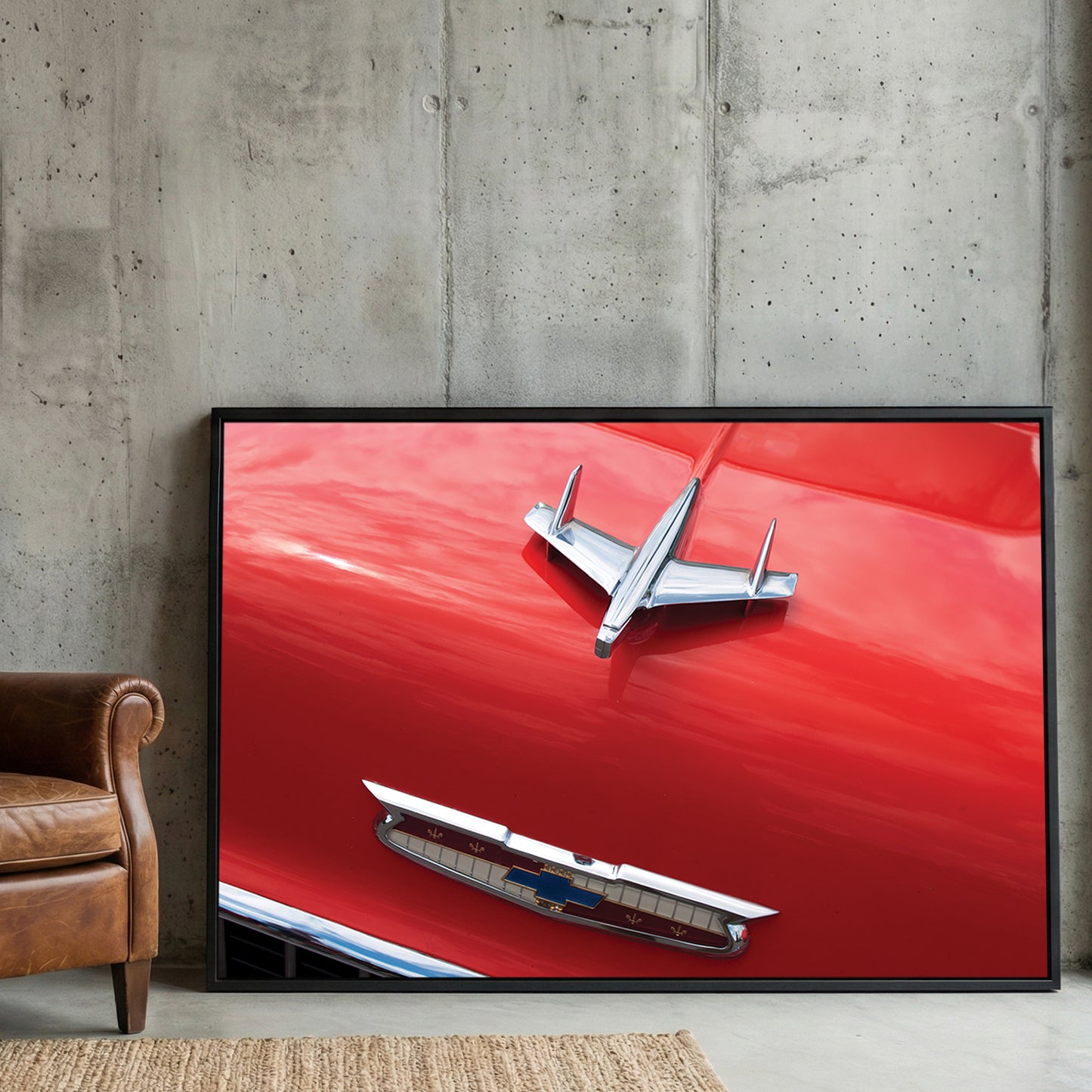 Chevy Bel Air Hood Ornament framed canvas wall art print in a gallery-style display