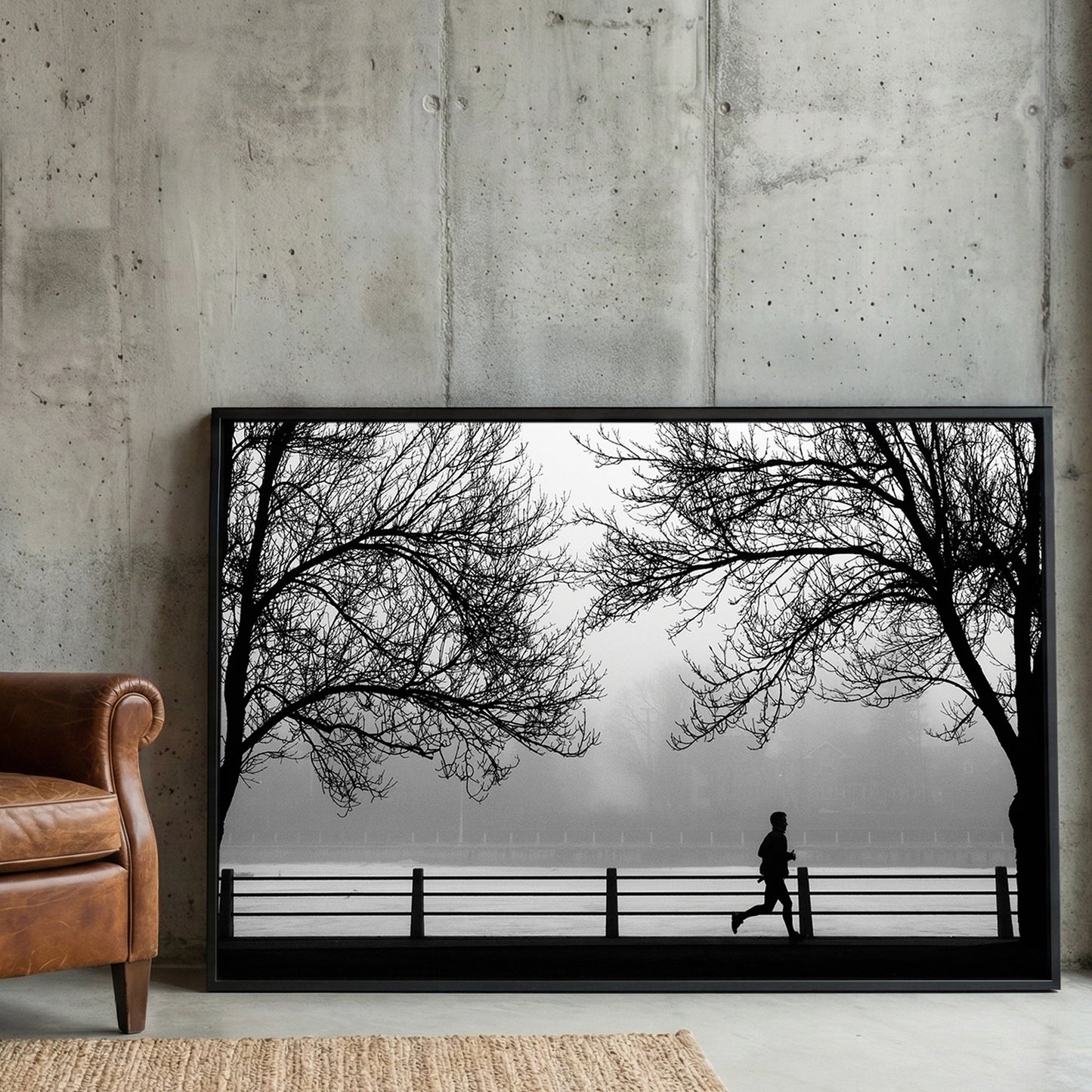 Foggy Morning Jogger Black and White framed canvas wall art print in a gallery-style display