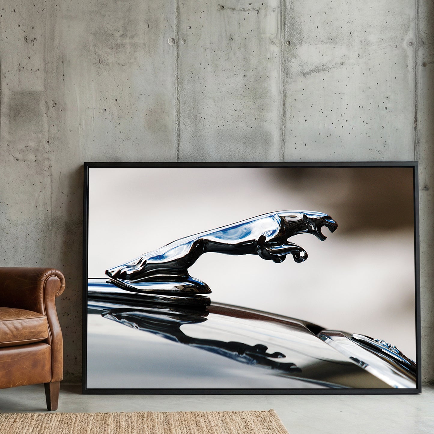 Jaguar Hood Ornament framed canvas wall art print in a gallery-style display