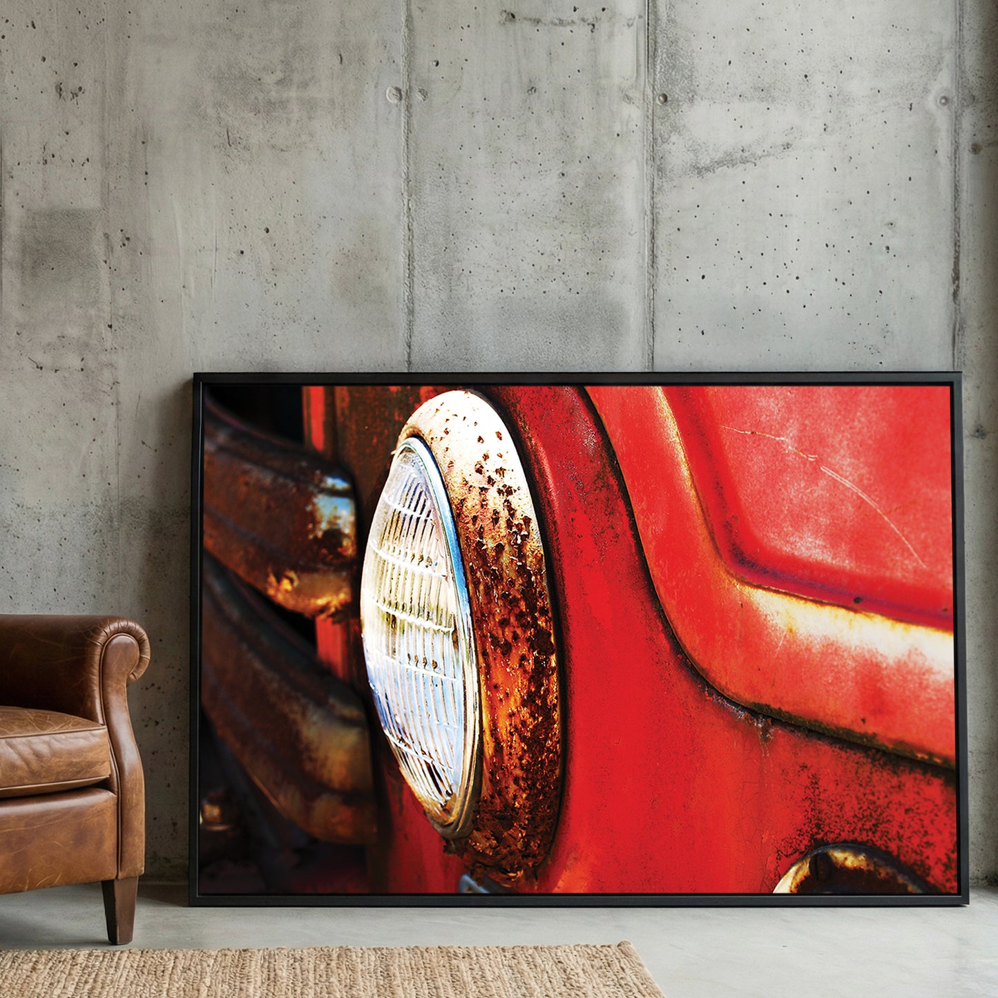 Rustic Fire Truck Headlight framed canvas wall art print in a gallery-style display