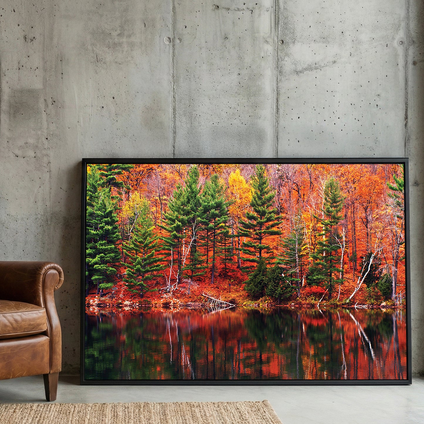 Fall Lake Reflection framed canvas wall art print in a gallery-style display