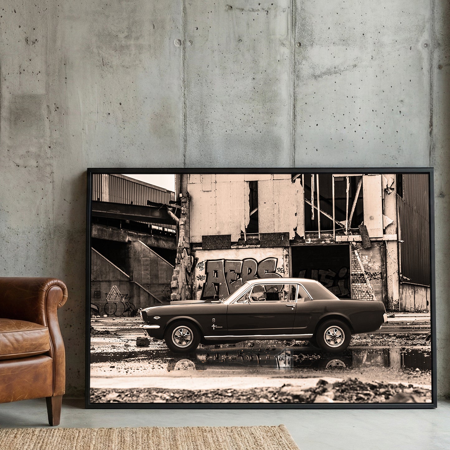 Classic Mustang Muscle Car framed canvas wall art print in a gallery-style display
