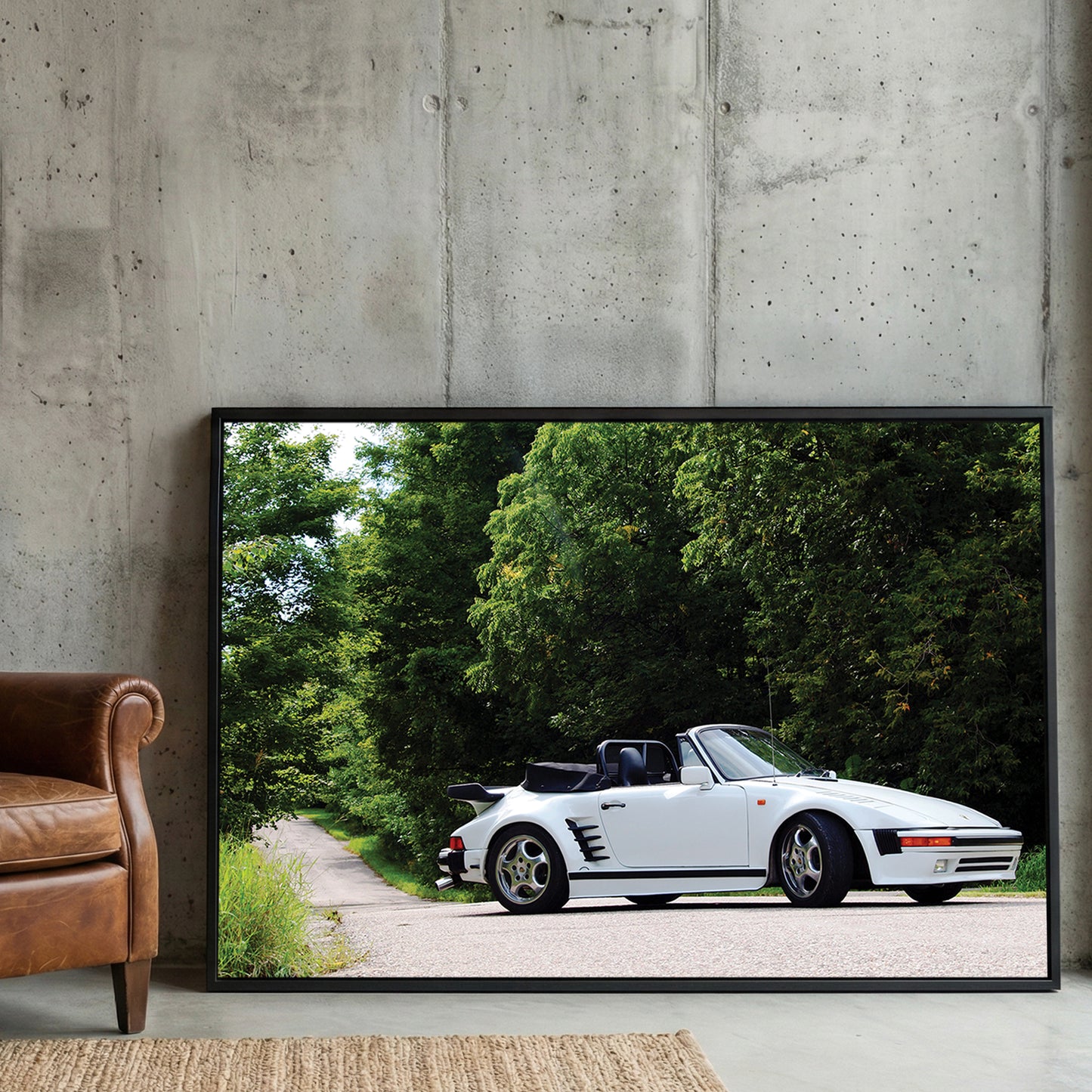 White Porsche 911 Cabriolet framed canvas wall art print in a gallery-style display
