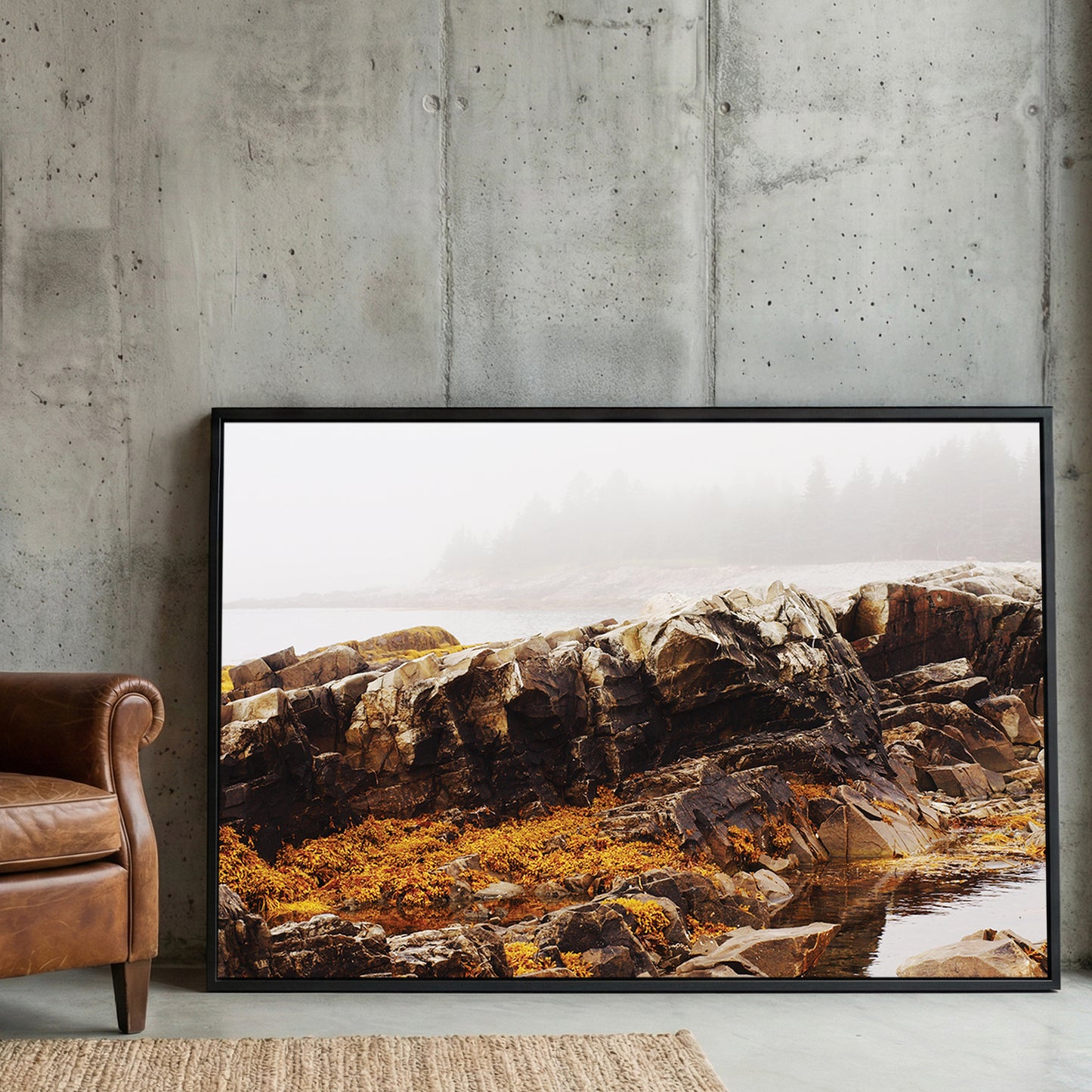 Foggy Coastal Rocks framed canvas wall art print in a gallery-style display