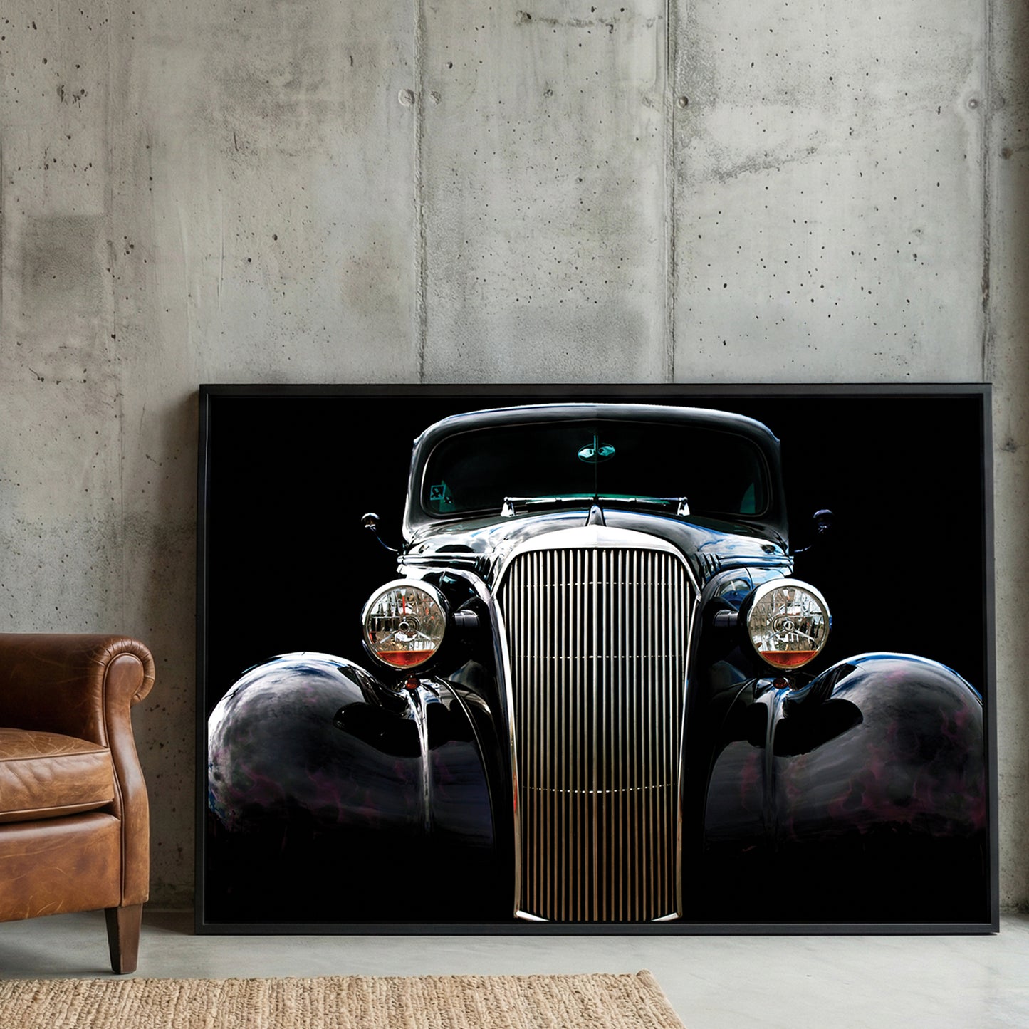Vintage Chevy Hot Rod framed canvas wall art print in a gallery-style display