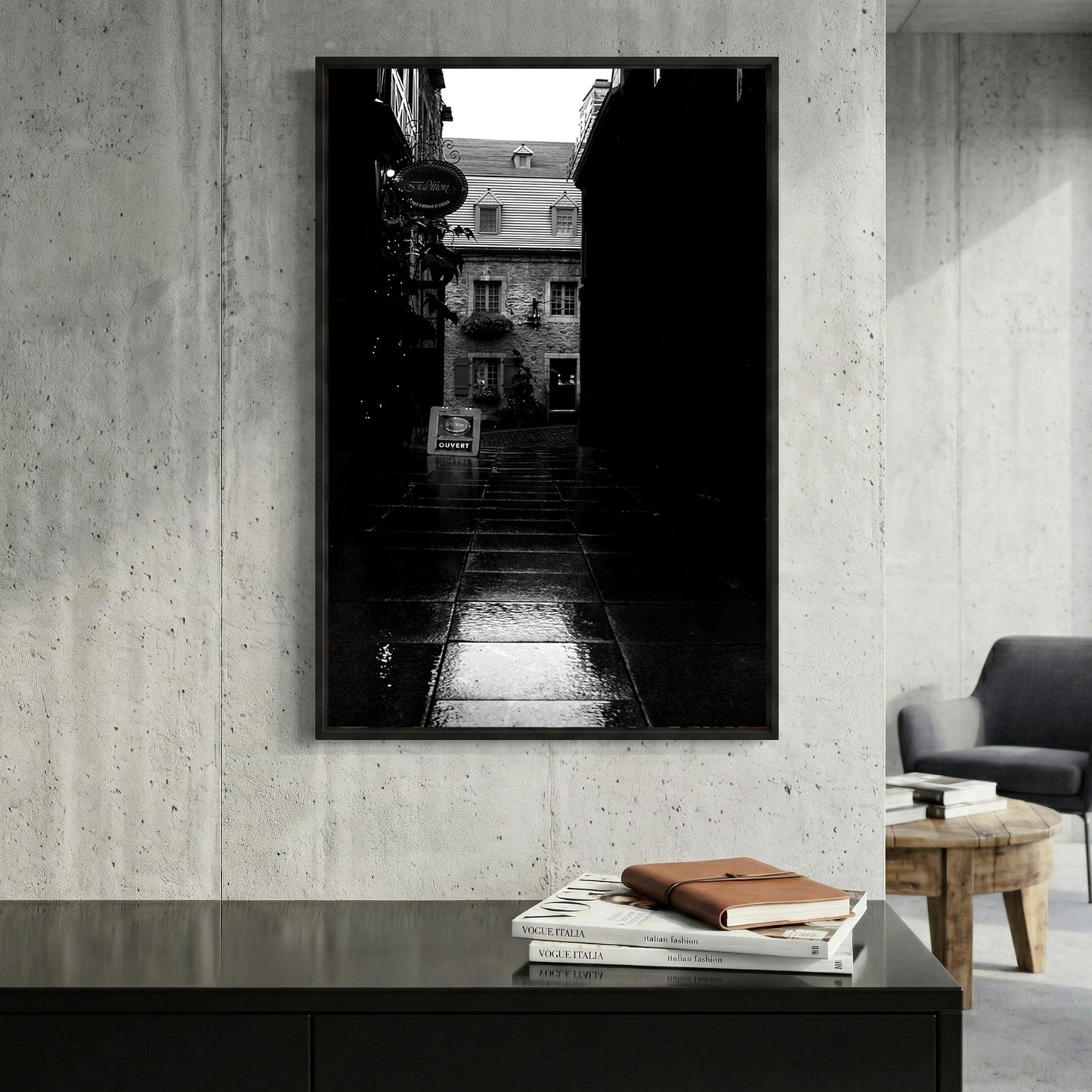 Old Quebec Alley framed canvas wall art print in a gallery-style display