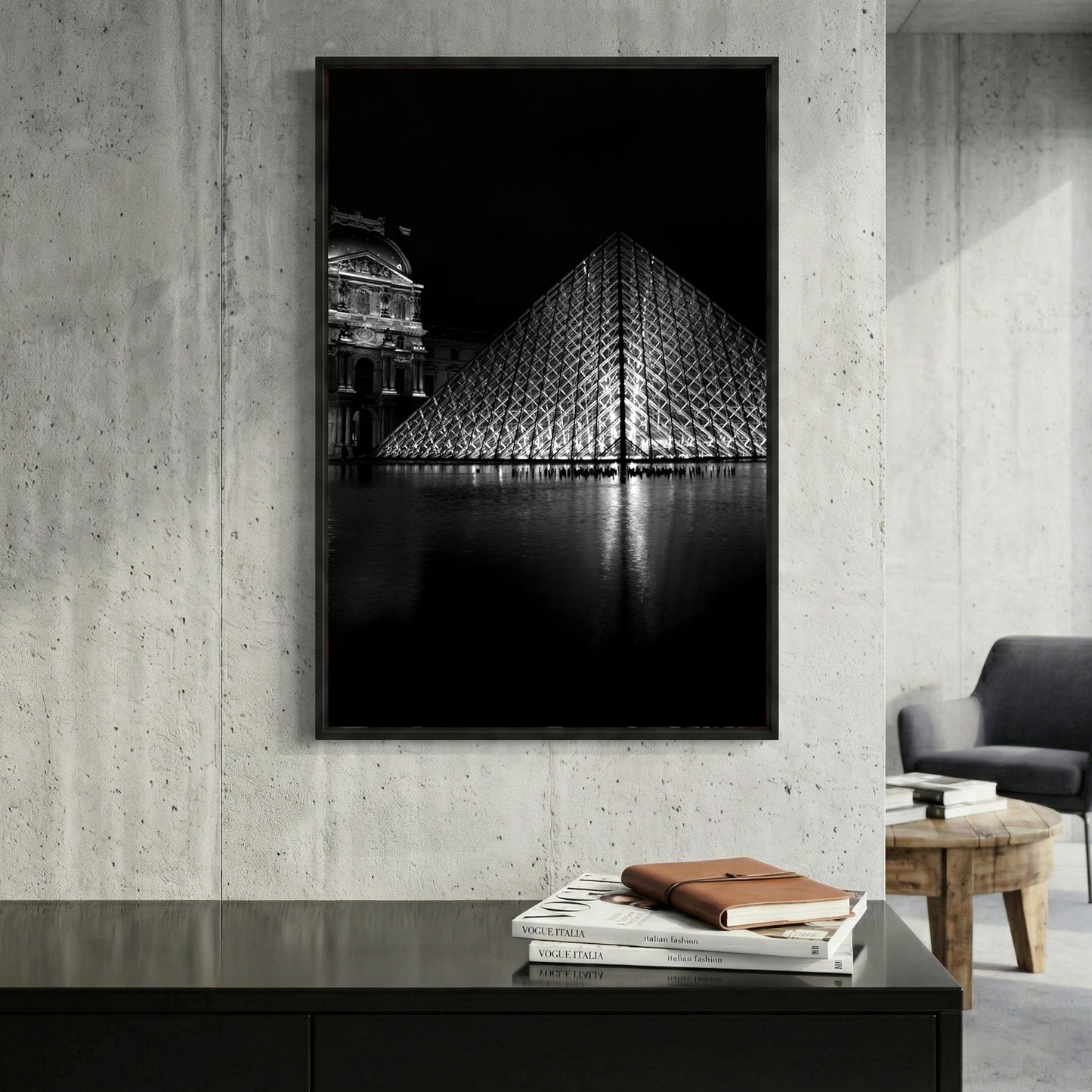 Louvre Pyramid Paris framed canvas wall art print in a gallery-style display