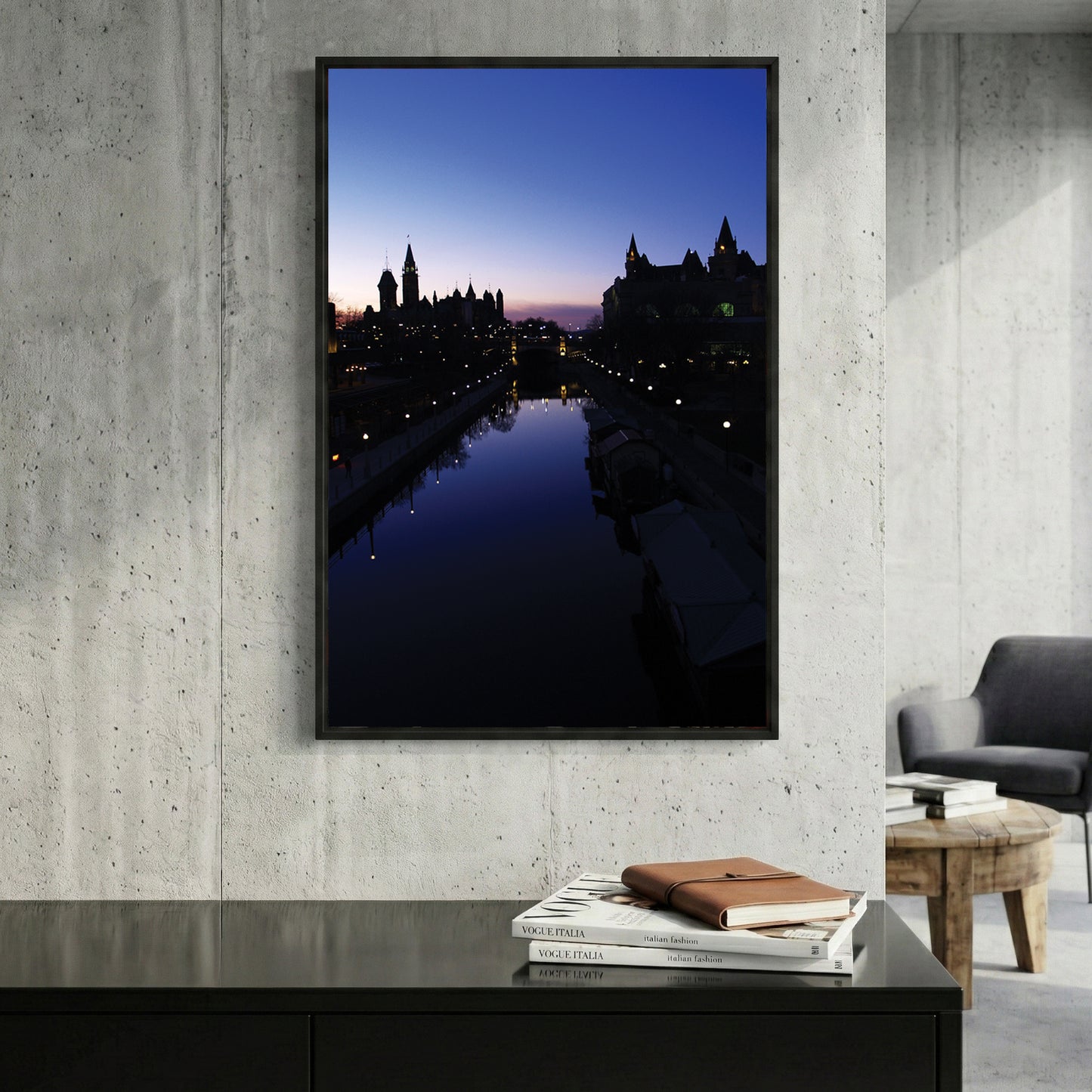 Ottawa Skyline Twilight framed canvas wall art print in a gallery-style display