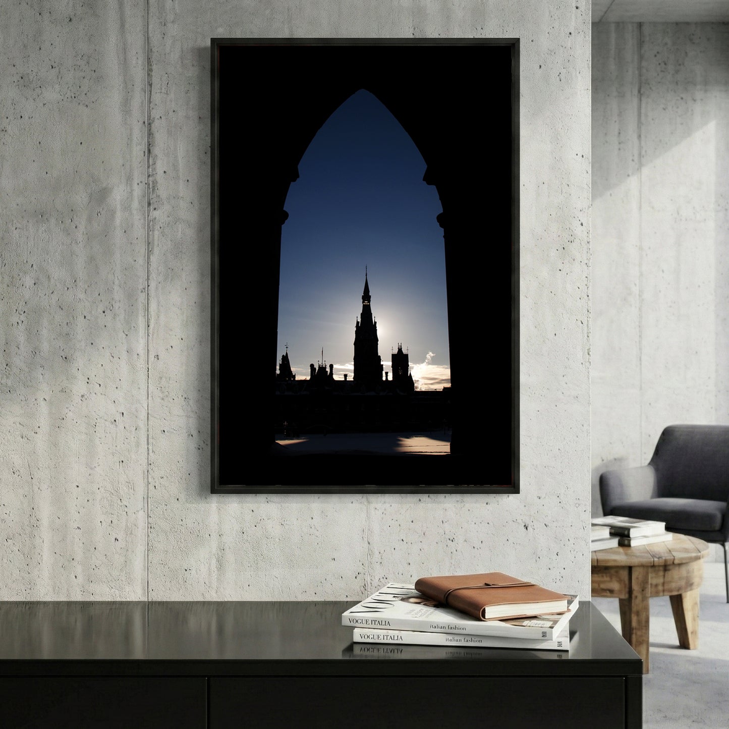 Parliament Tower Silhouette framed canvas wall art print in a gallery-style display