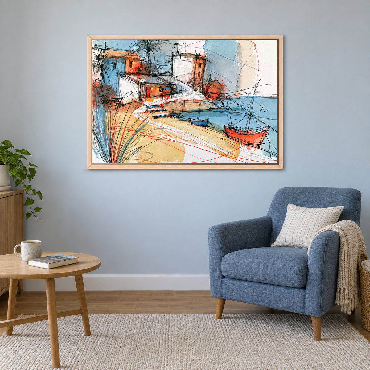 Palm Bay Moored Boats framed canvas in a natural wood floating frame above a blue armchair and round wooden side table