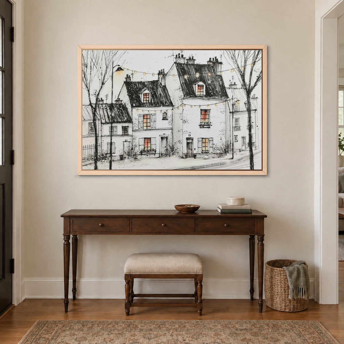 Paris Street Festoon Lights framed canvas in a natural wood floating frame above a dark wood console table and upholstered bench