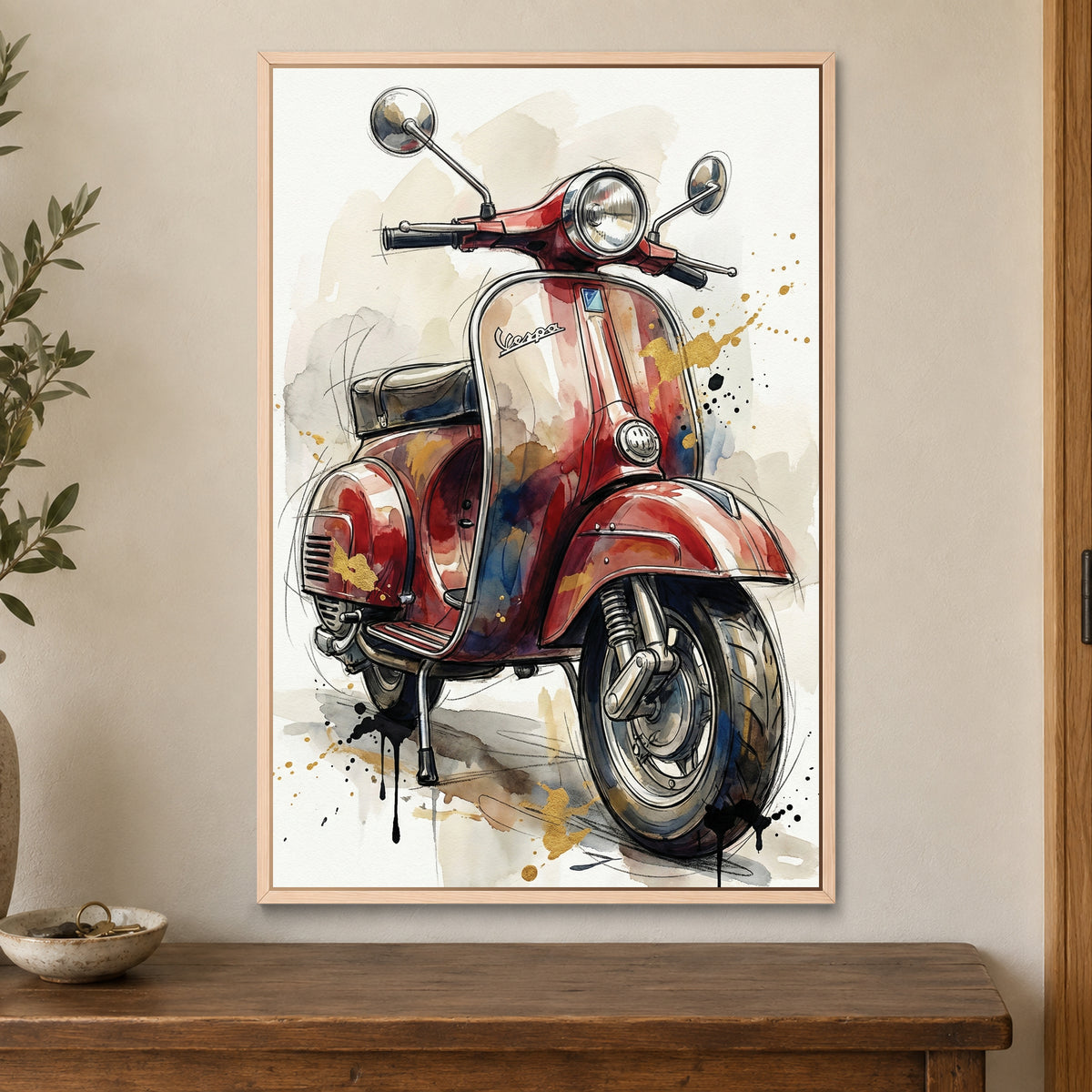 Vespa Scooter Red Sketch framed canvas in a natural wood floating frame on a cream wall above a wooden sideboard beside a door frame