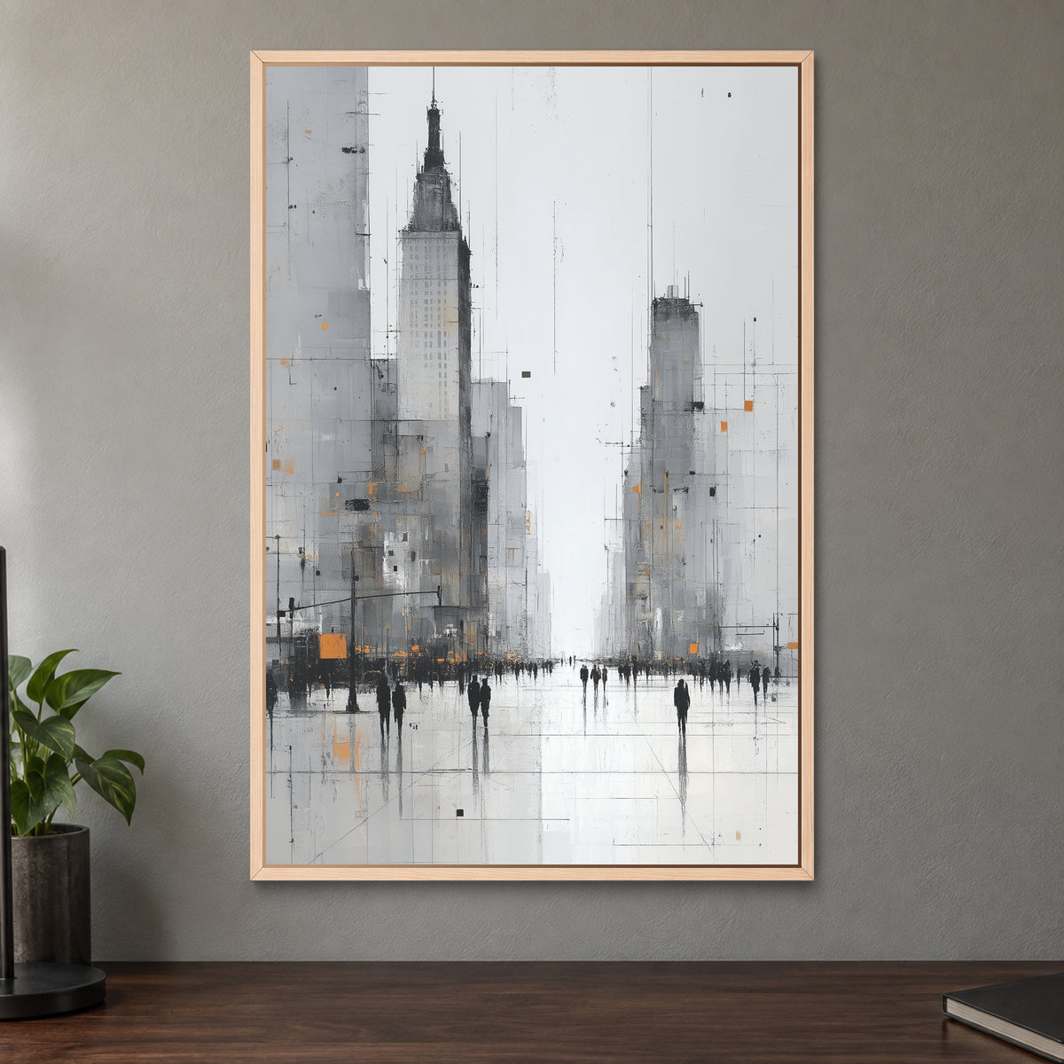 Foggy City Avenue Crowd framed canvas in a natural wood floating frame on a taupe wall above a dark walnut sideboard with a potted plant