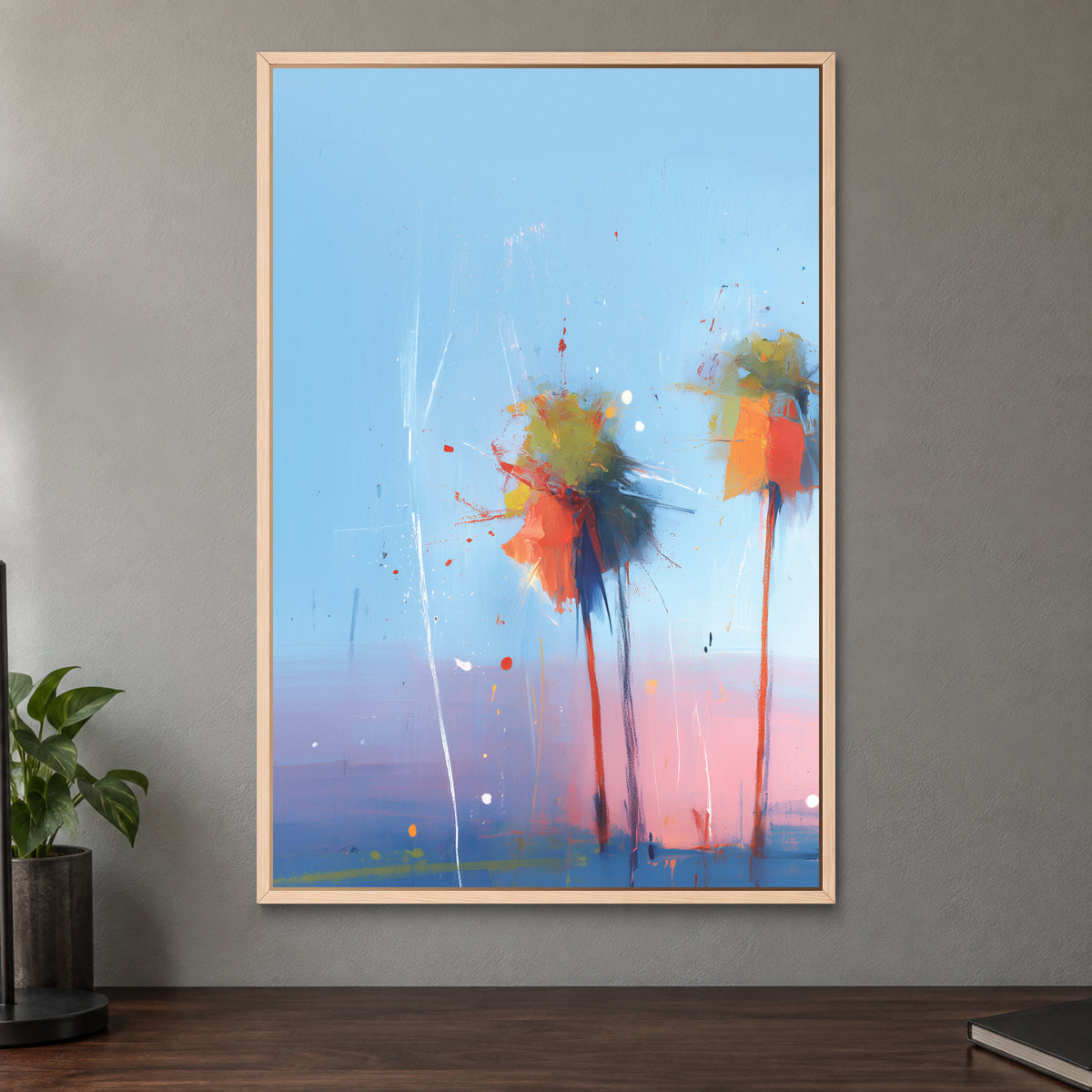 Palms Coming Apart framed canvas in a natural wood floating frame on a taupe wall above a dark walnut sideboard with a potted plant