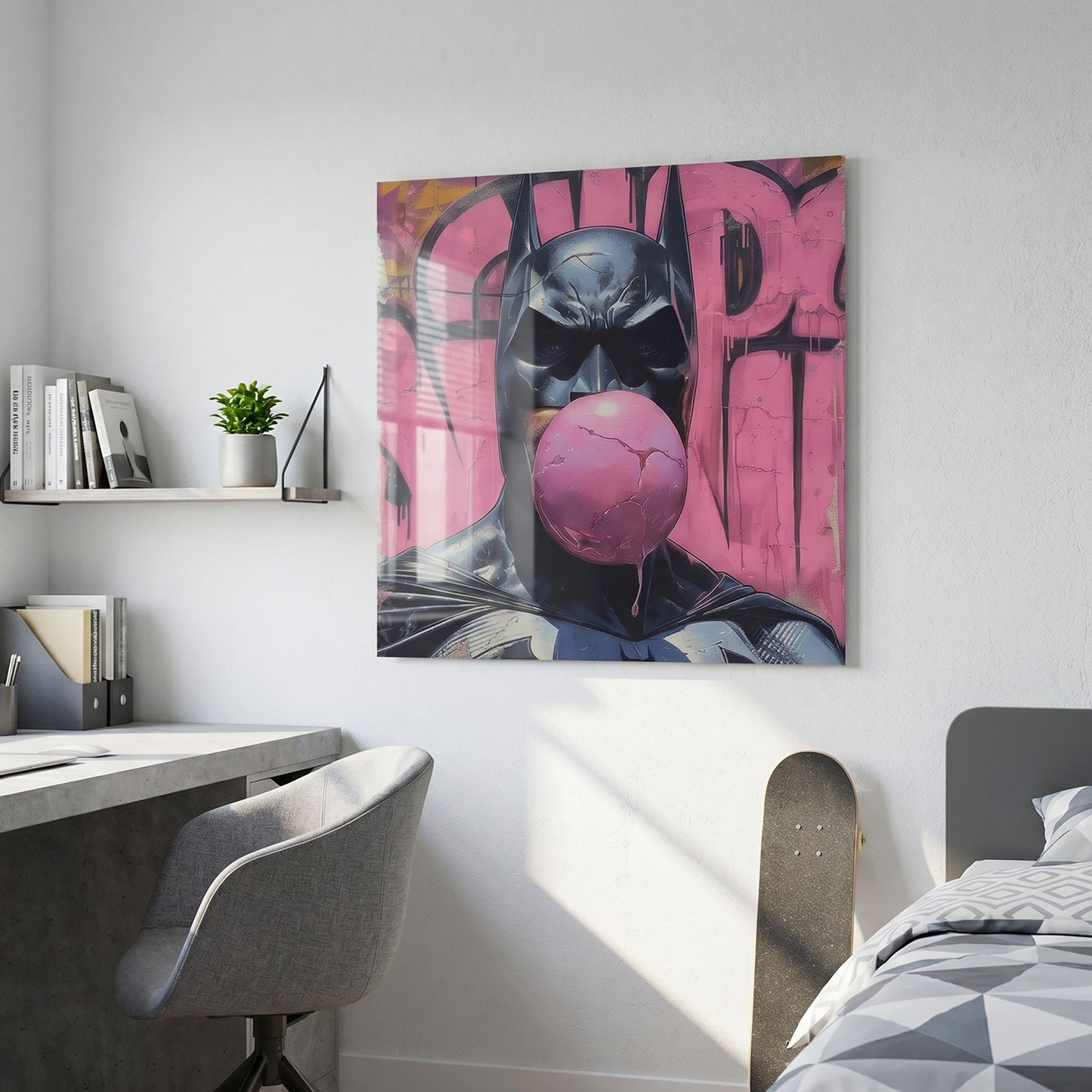 Modern room with a desk, chair, and bed, featuring a Batman blowing Bubblegum metal print on the wall.