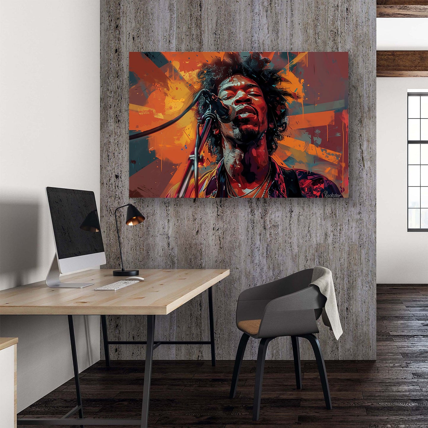 Jimi Hendrix singing over orange backdrop modern wall art print