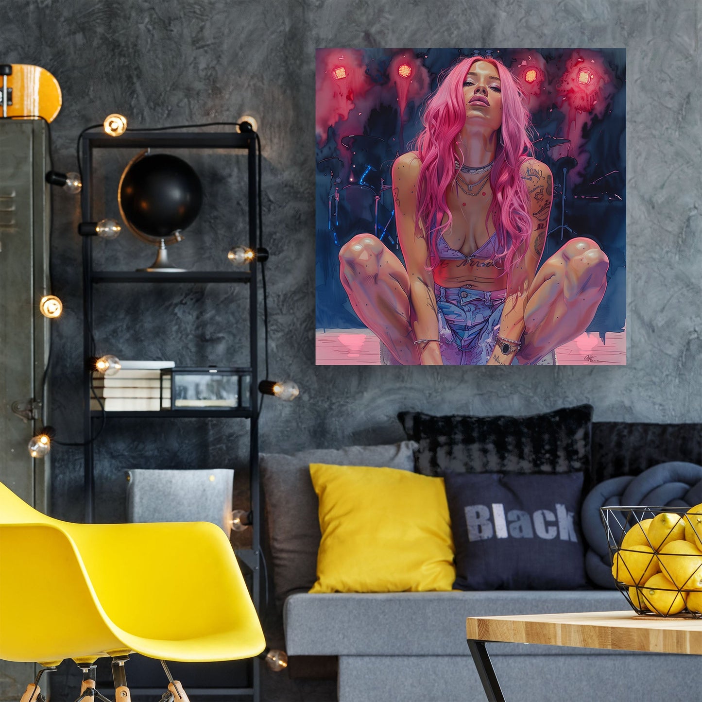 Female rapper with pink hair dancing wall art print