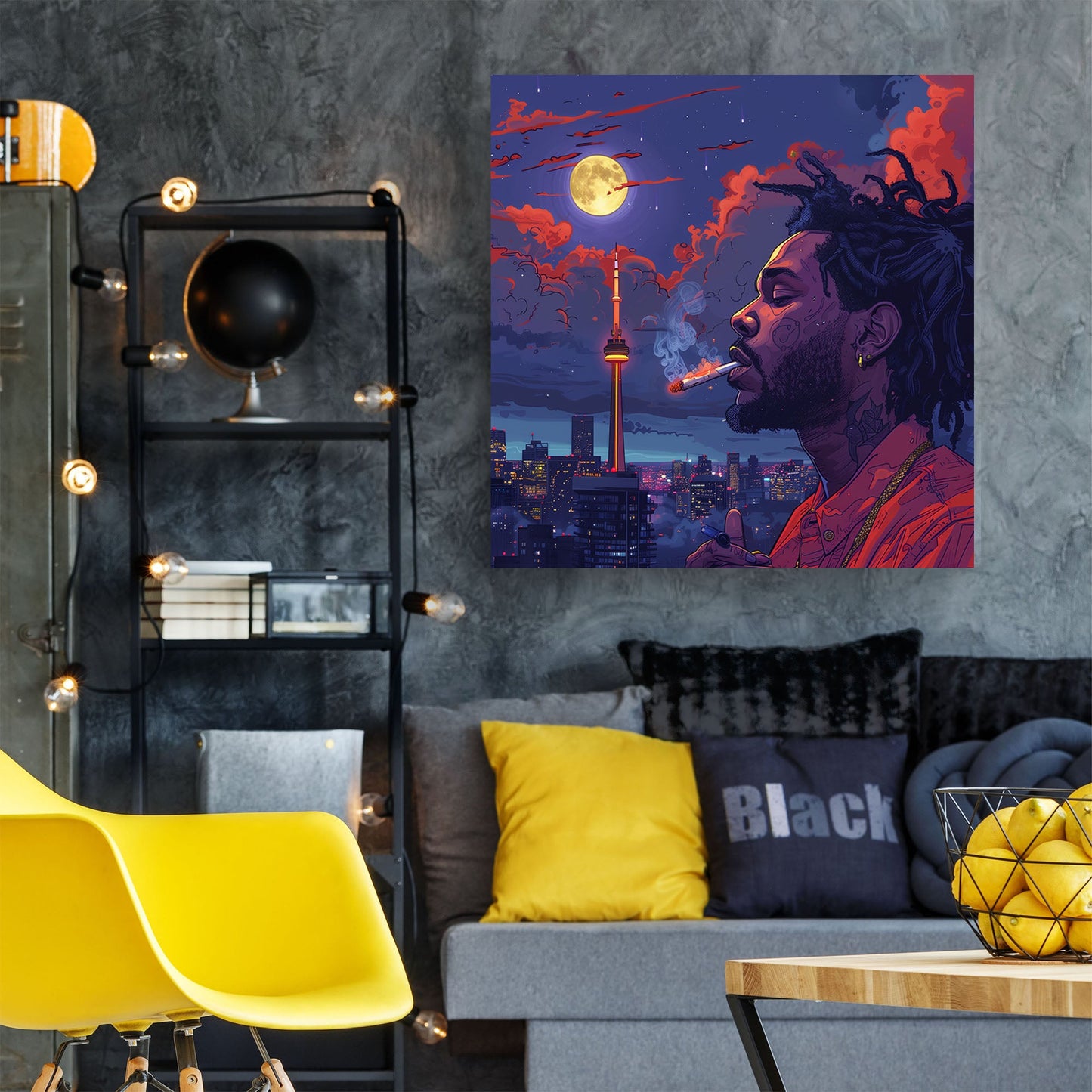 Male rapper smoking a joint by Toronto skyline wall art print