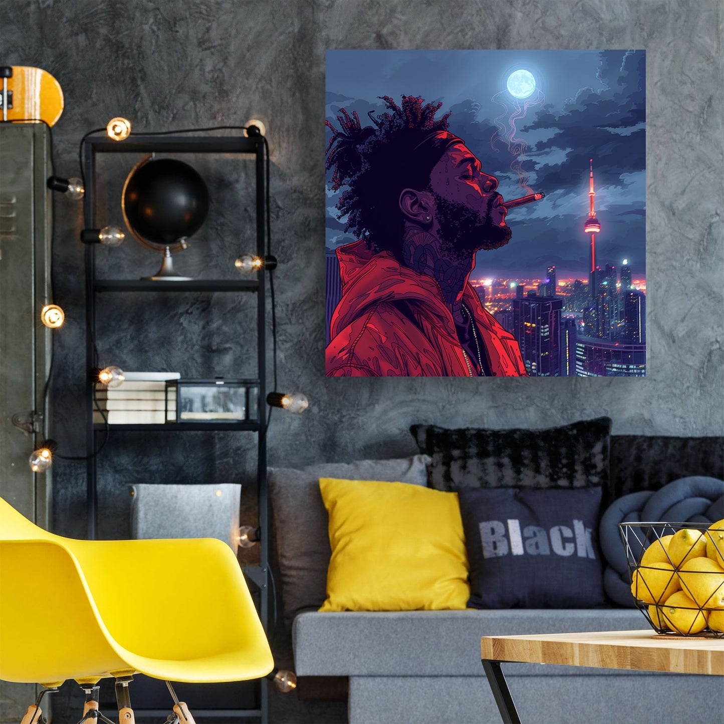 Man smoking with Toronto skyline in background wall art print