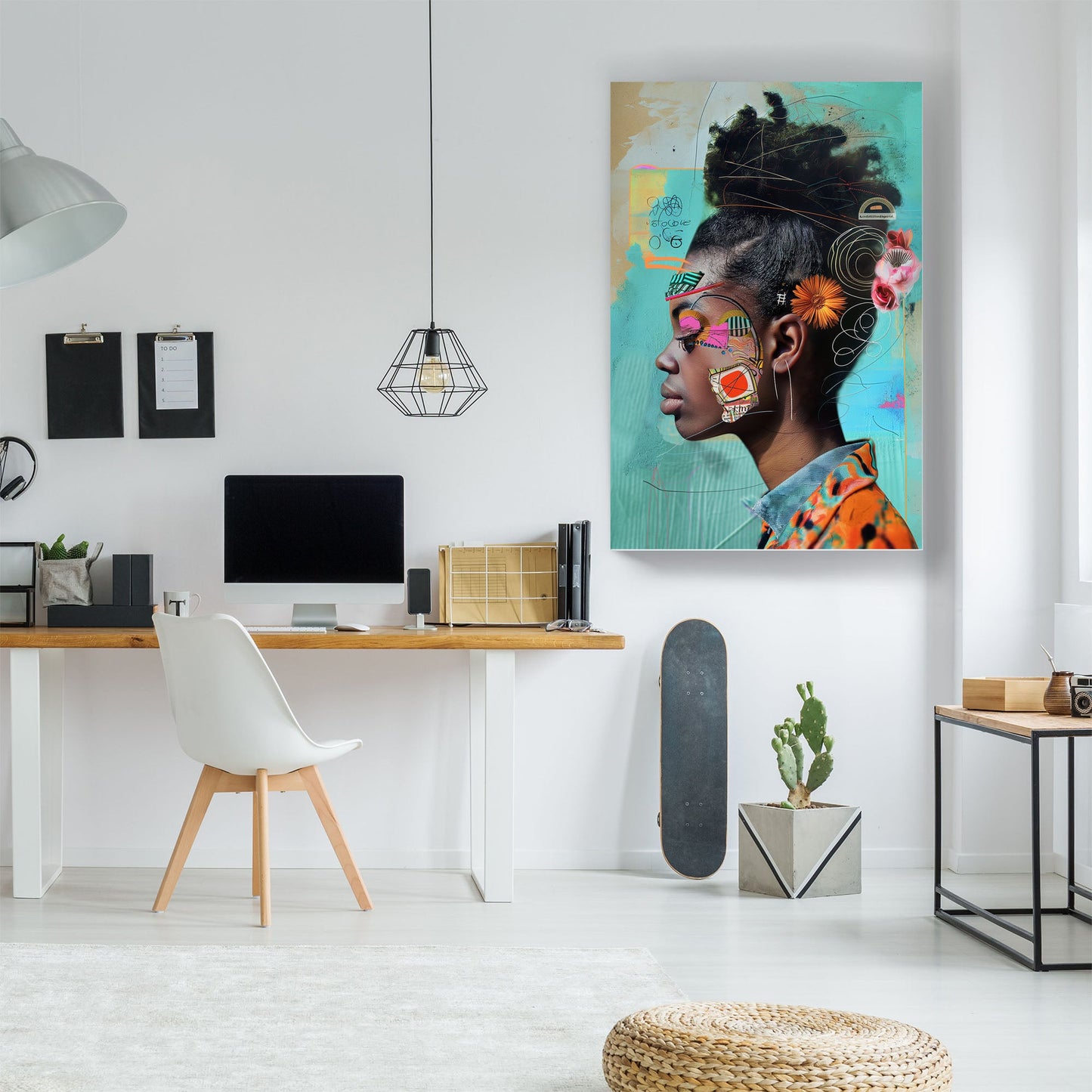 Black woman teal background pop wall art print