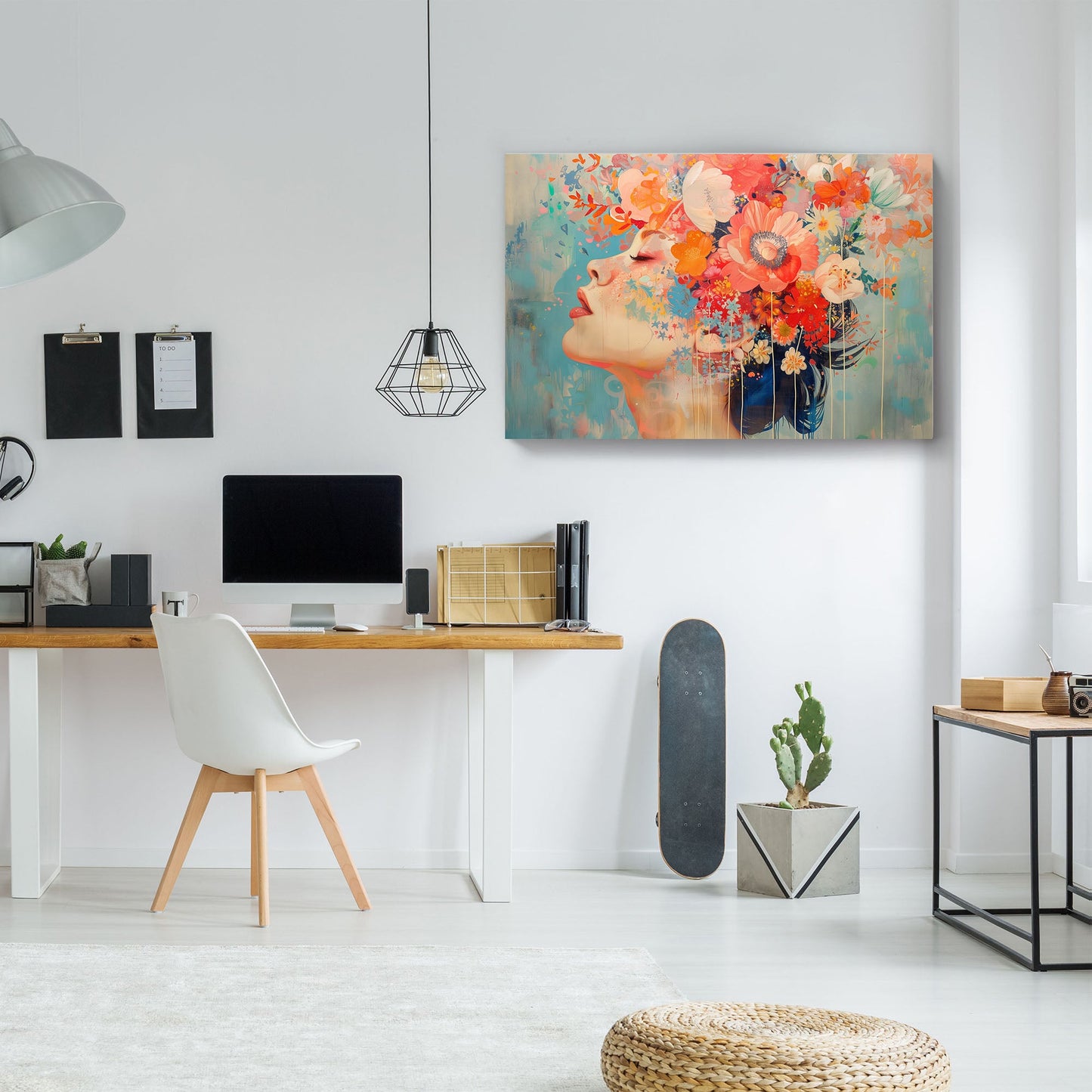 Female with flowers over head expressionism wall art print