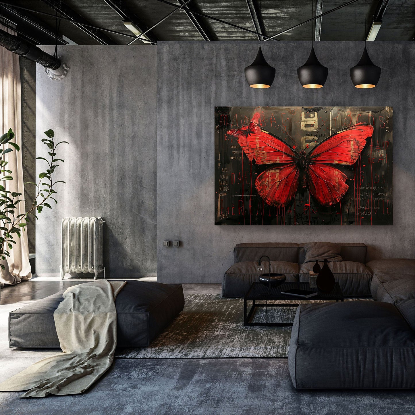 Red butterfly black background modern wall art print