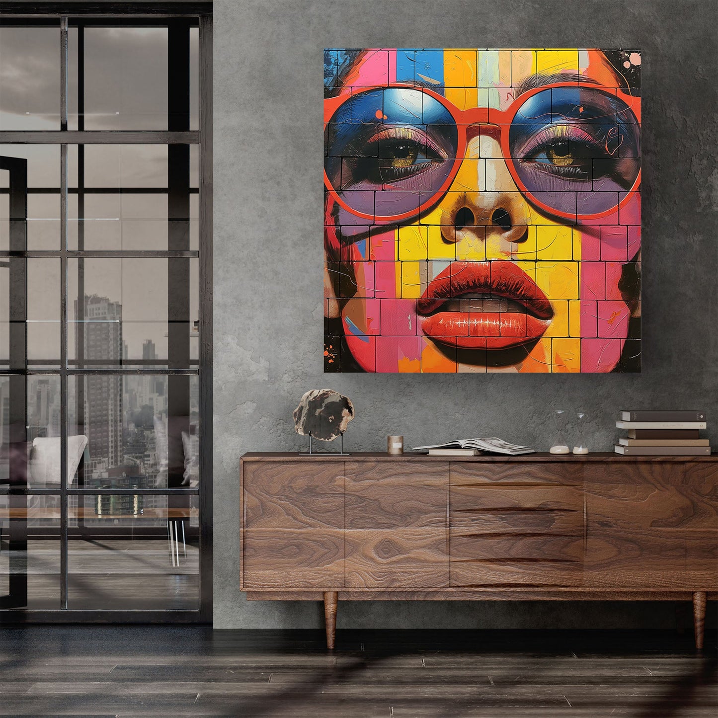 Pop art of female face upclose lips wall art print