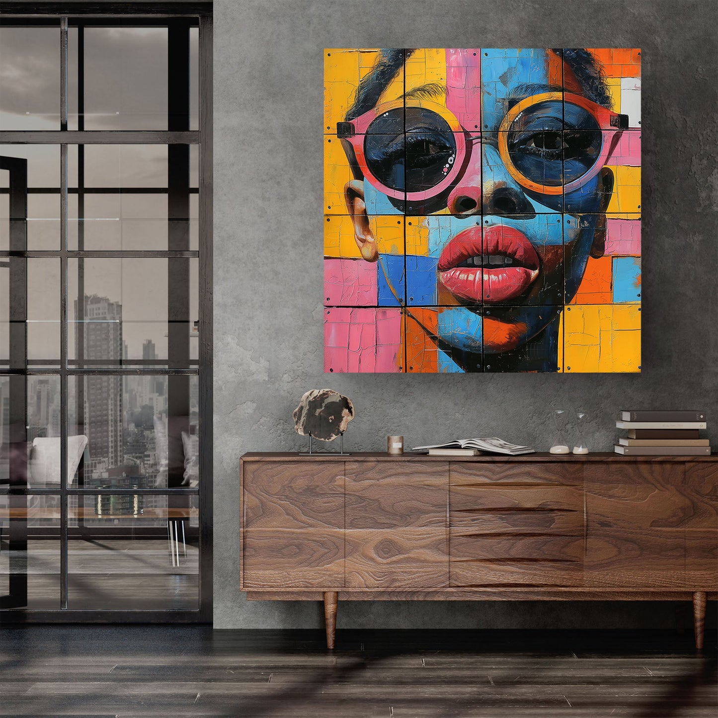 Colored collage of female face pop wall art print