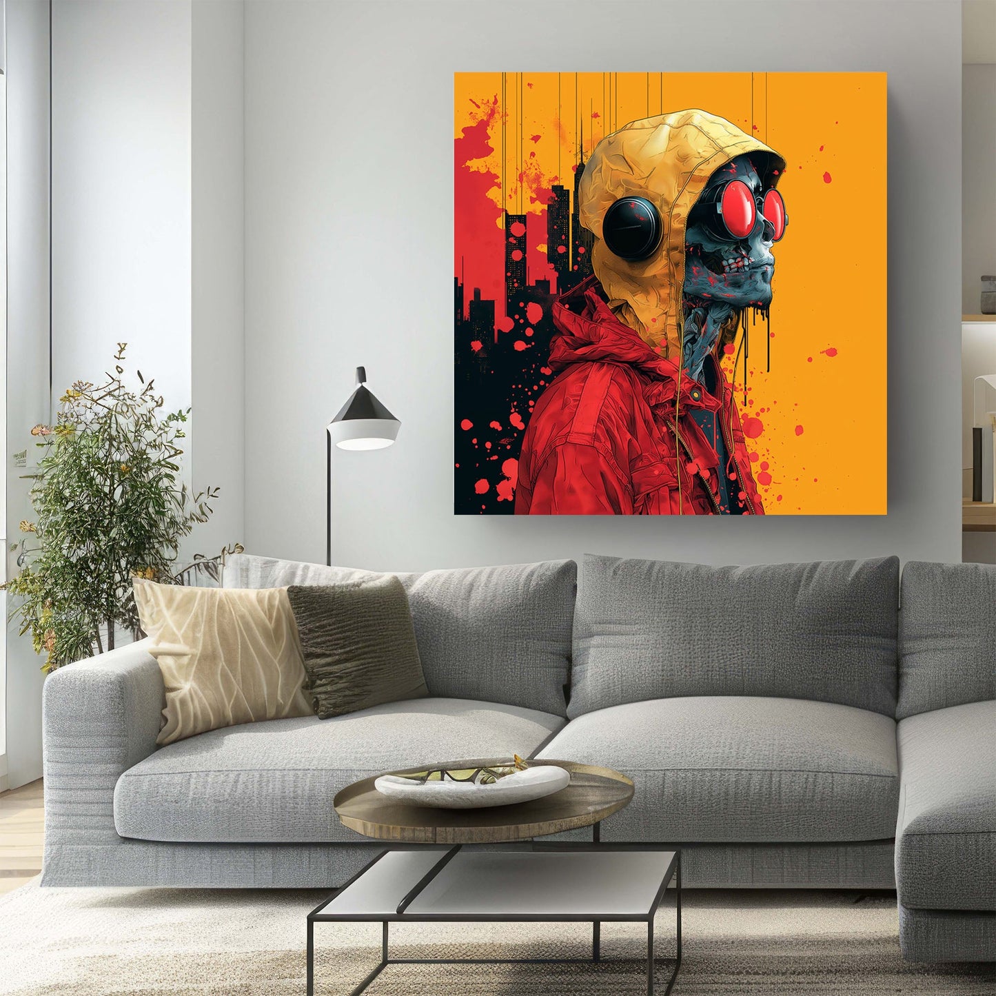 Cyberpunk skull with hoodie and headphones wall art print