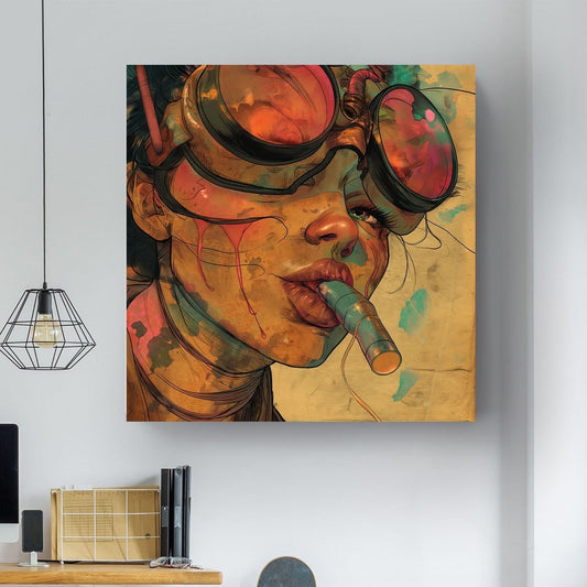Cyberpunk girl smoking a cigarette wall art print