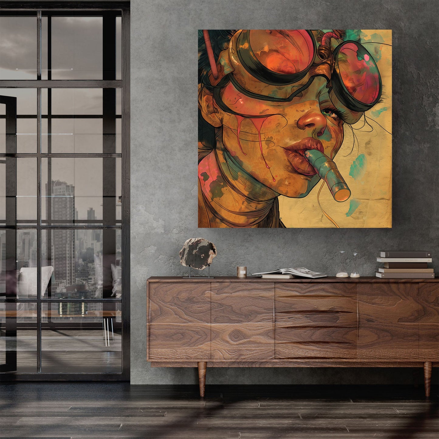 Cyberpunk girl smoking a cigarette wall art print