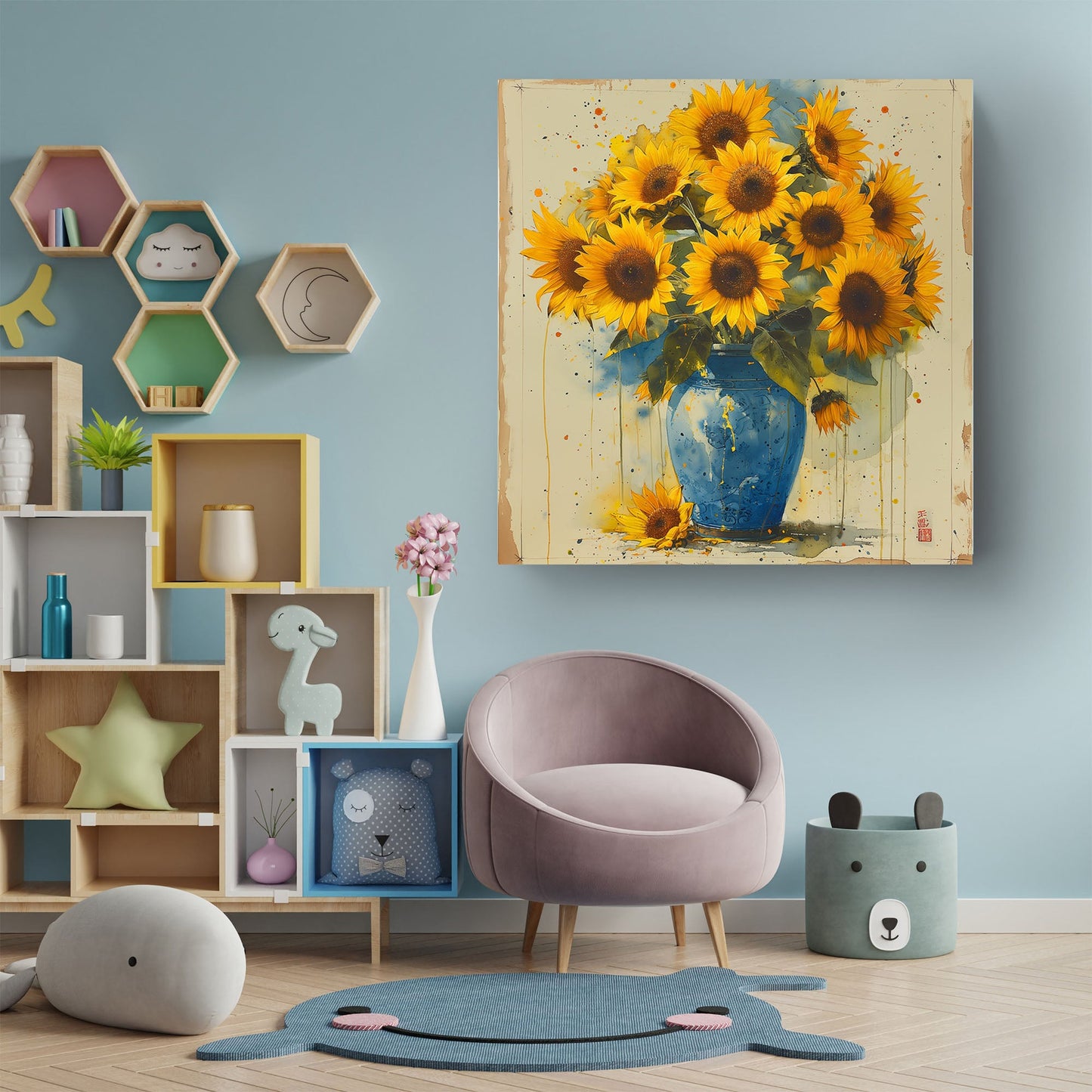 Blue vase with sunflowers contemporary wall art decor