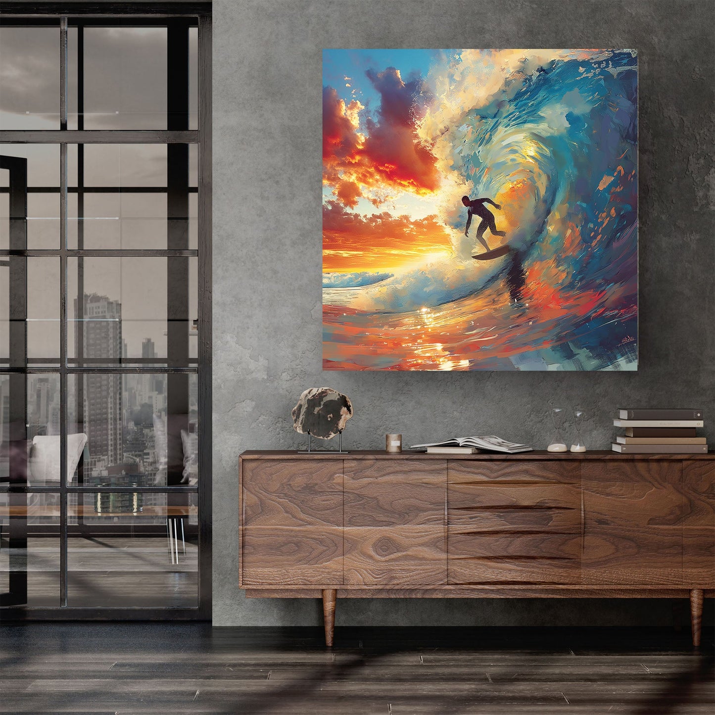 Surfer riding wave with sunset wall art decor